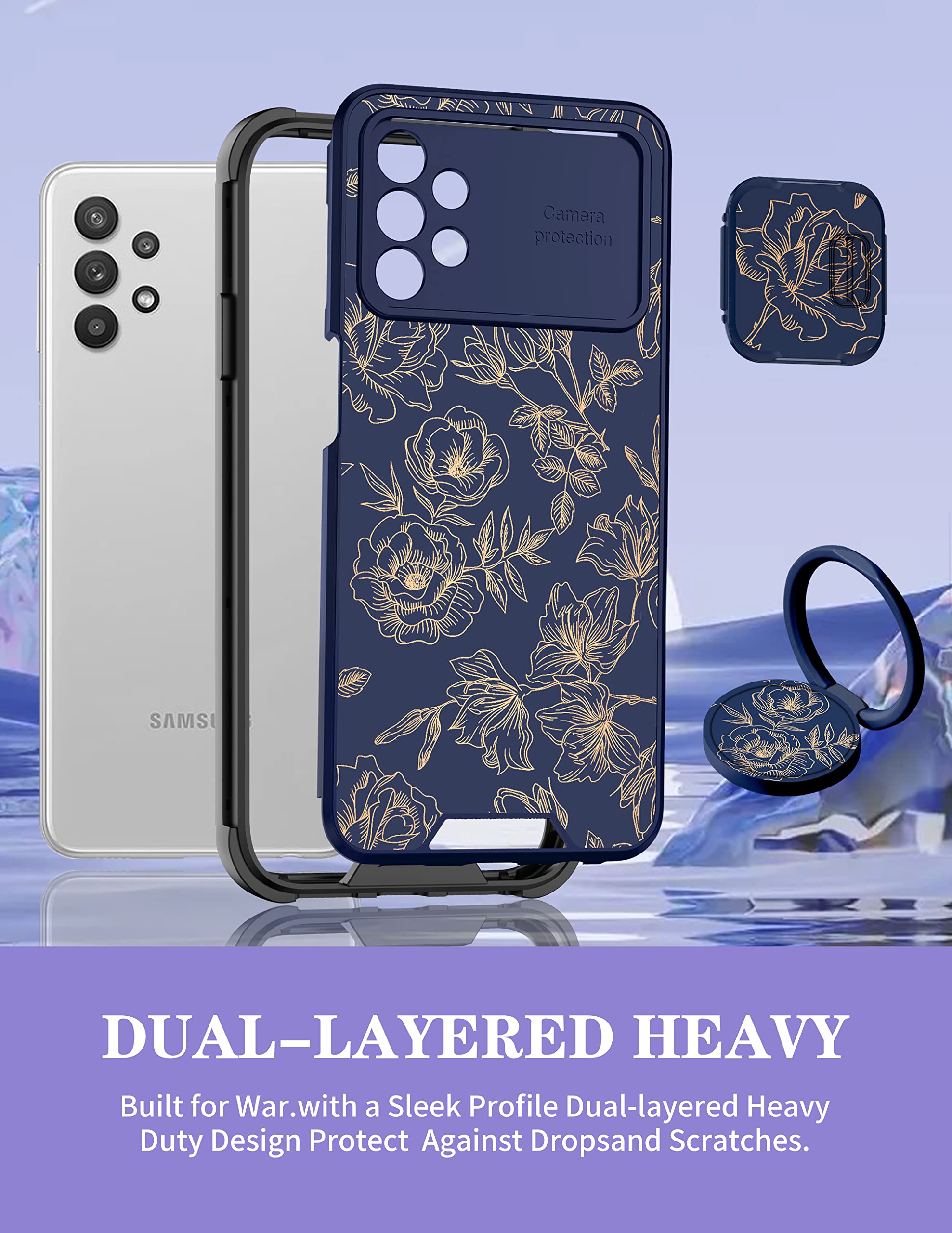 Goocrux (2In1 For Samsung Galaxy A32 5G Case Floral Flowers For Women Girls Girly Phone Cover Cute Gold Plants Pattern Design Wi