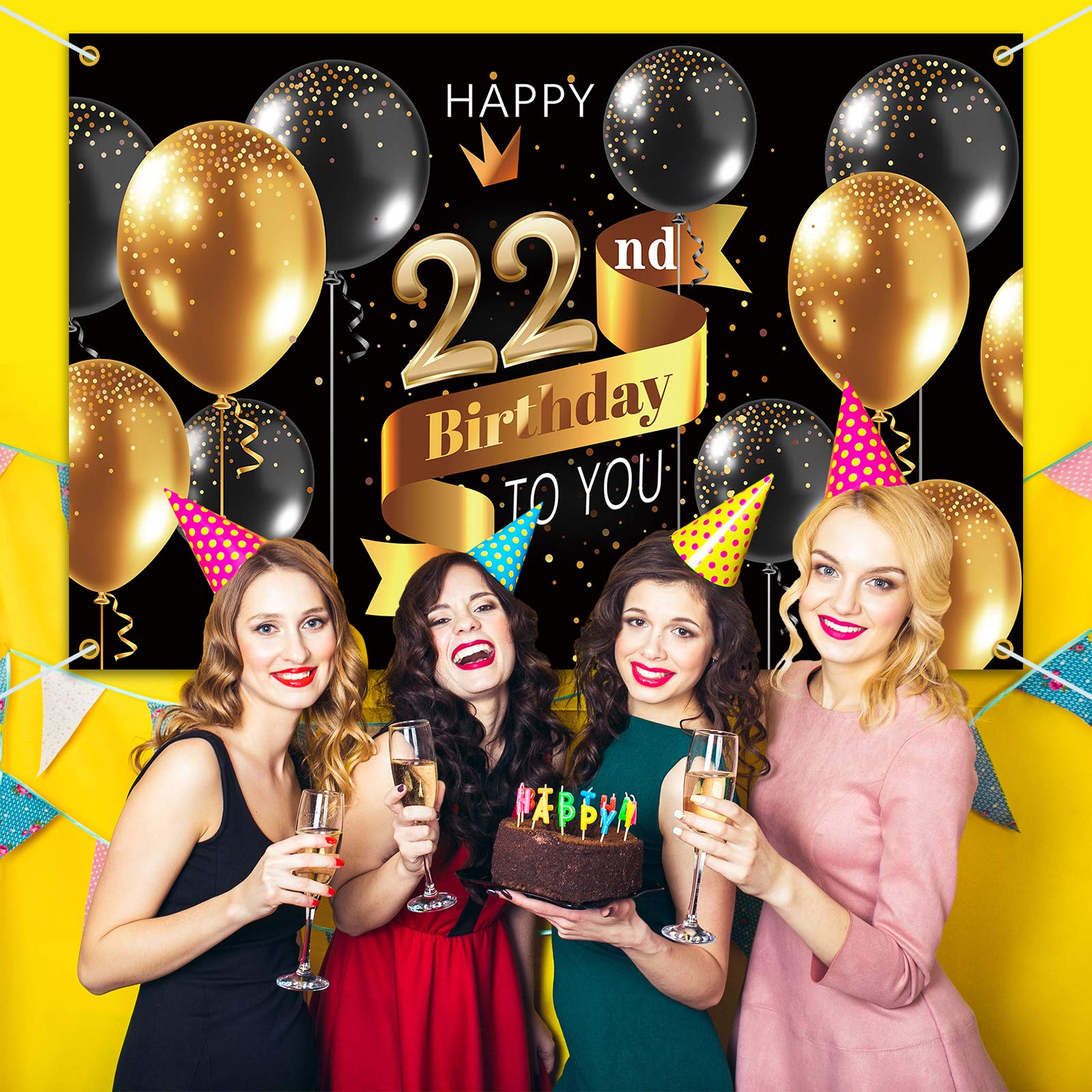 Pakboom Happy 22Nd Birthday Backdrop Banner   22 Birthday Party Decorations Supplies For Men   Black Gold 3.9 X 5.9Ft
