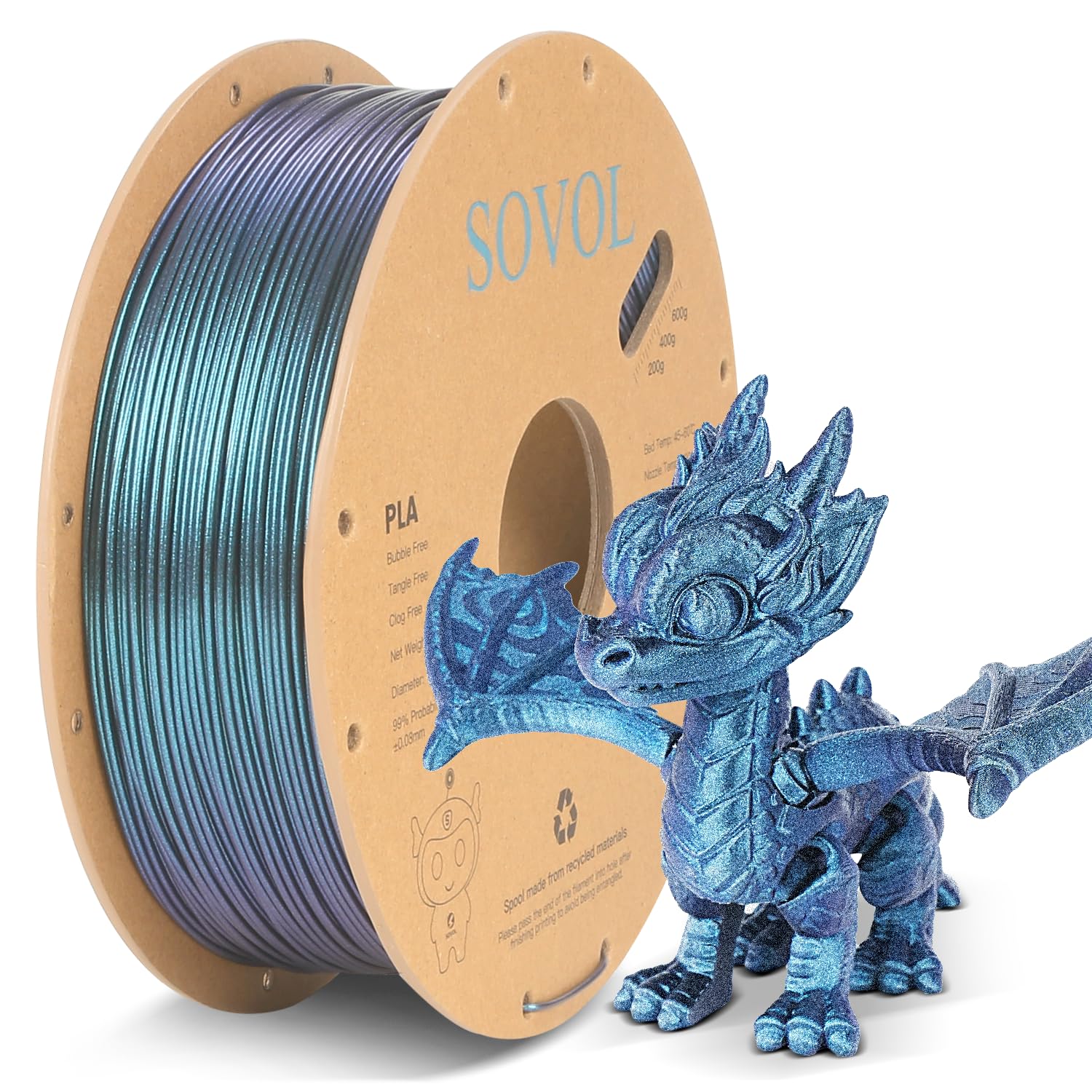 Sovol Silk Pla Filament With Blue Glitter 1Kg 1.75Mm, Color Changeable 3D Printer Filament 2.2Lbs, Chameleon Shiny Pla Material
