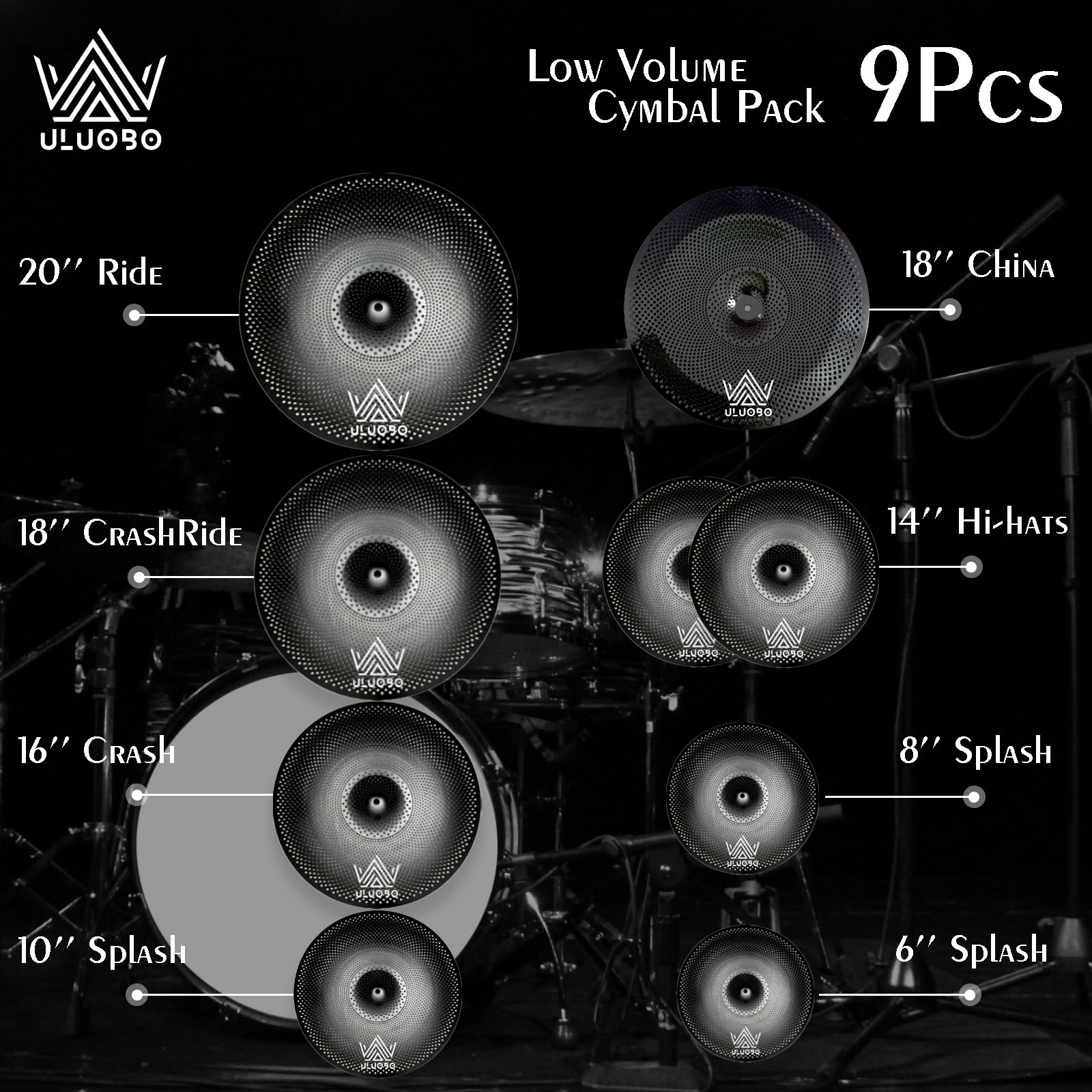 Uluobo Low Volume Cymbal Pack, Silent Cymbals, Quiet Cymbals Set For Drummer Practice, 6/8/10''Spalsh+14''Hihat+16''Crash+18''Cr