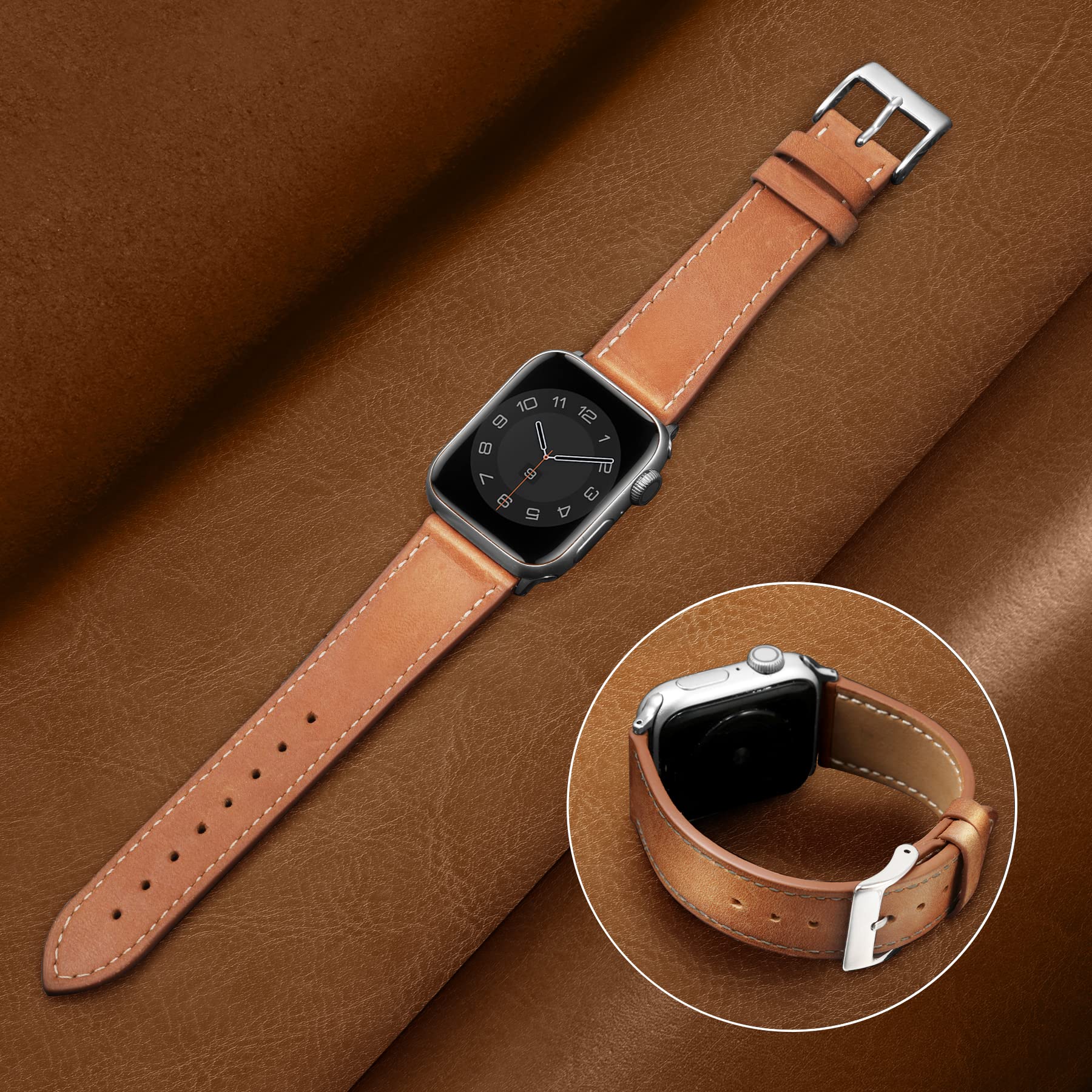 Marge Plus Compatible With Apple Watch Band Series Se 7 6 5 4 3 2 1 45Mm 41Mm 44Mm 40Mm 42Mm 38Mm, Genuine Leather Replacement B