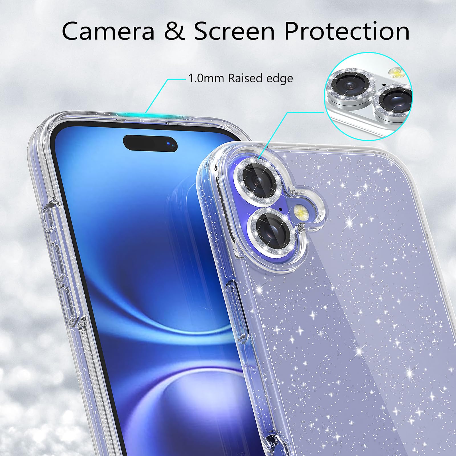 Jasmeas Glitter Case For Iphone 16 Plus, With [2 Pack] Screen Protector & [2 Pack] Camera Lens Protector Sparkle Pc Hard Soft Tp