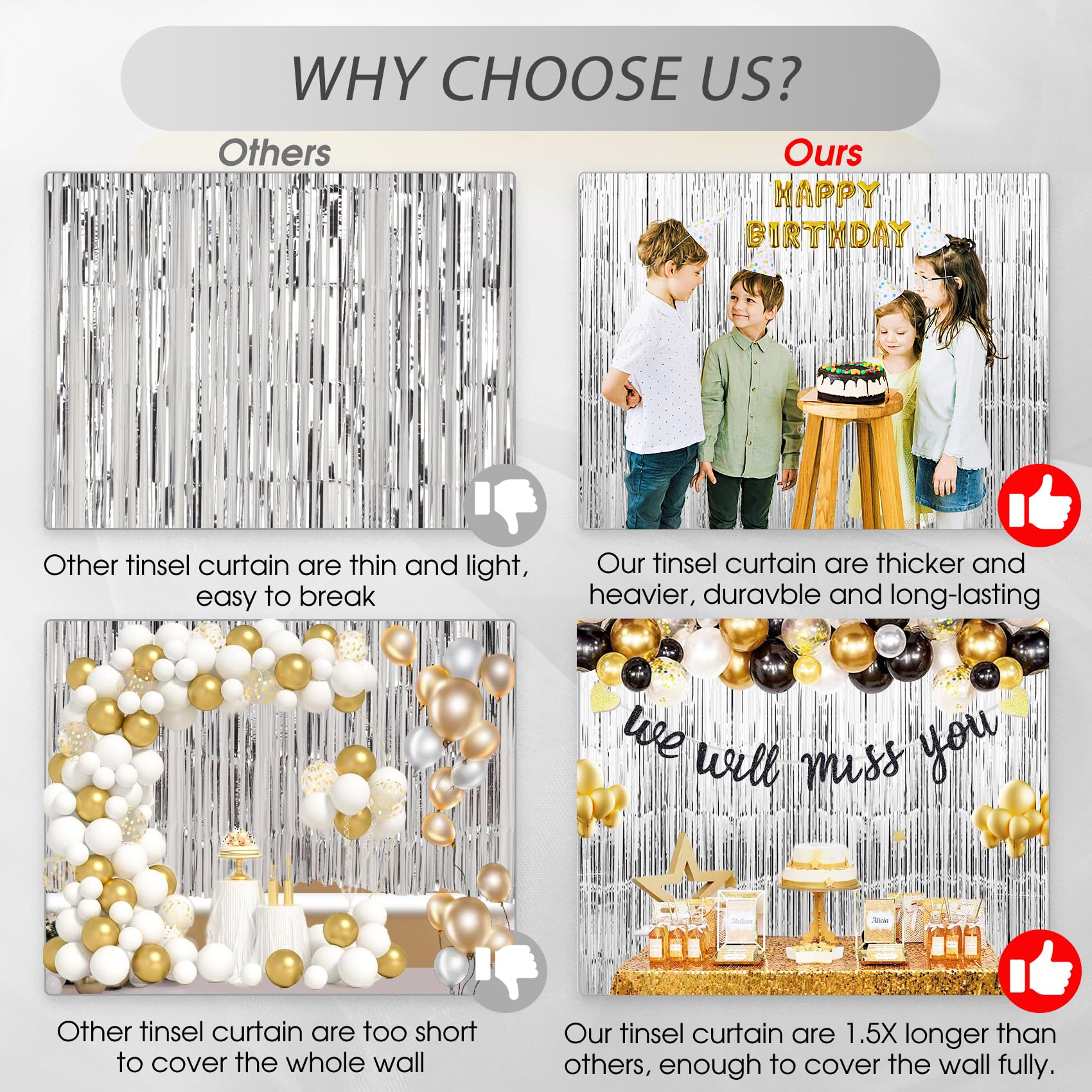 Tenlaitech 3 Pack 3.3 X 9.9 Ft Silver Foil Fringe Backdrop Curtain, Streamer Backdrop Curtains, Streamers Birthday Party Decorat