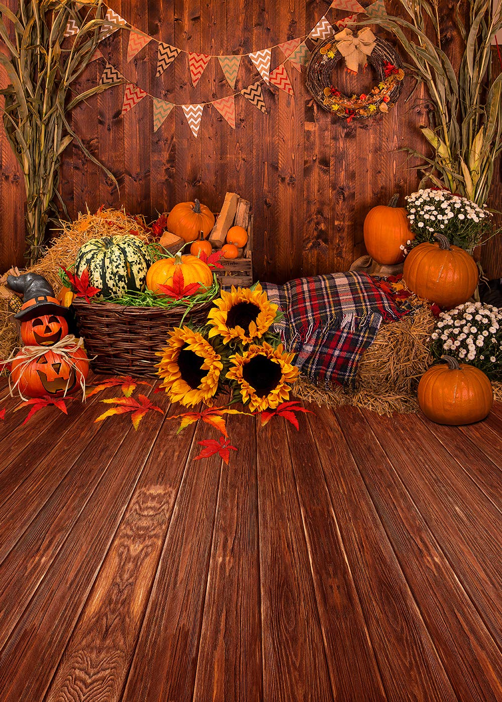 Ouyida 5X7Ft Fall Thanksgiving Wooden Floor Barn Autumn Pumpkins Maple Leaves Sunflower Baby Portrait Party Halloween Decoration Vinyl Photography Backdrop Photo Booth Background Studio Prop Tp295