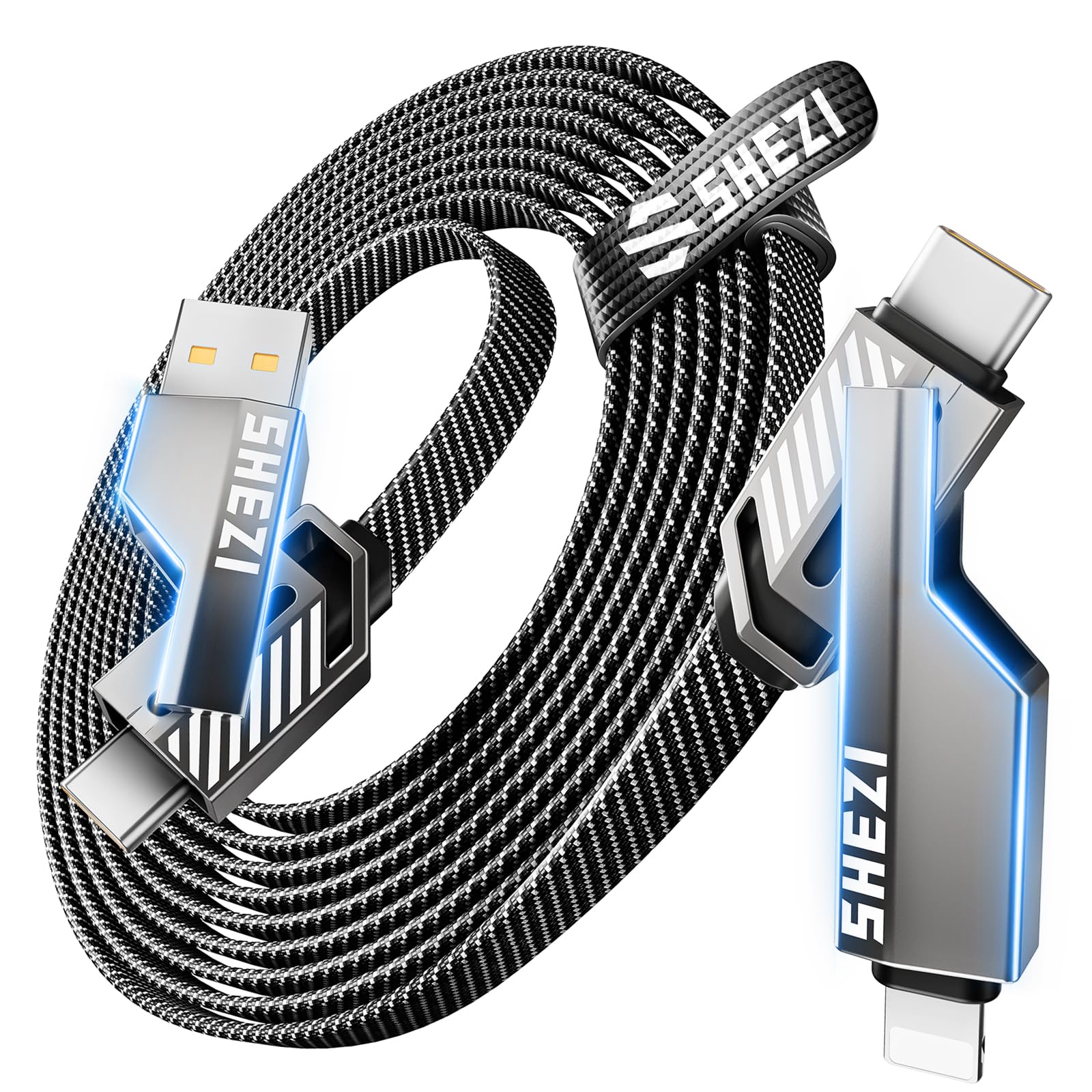 Vexipia 4 In 1 Usb C Cable 45W 15Ft Fast Charging Flat Nylon Braided For Iphone Ipad Charger Cord [480Mbps Data Sync] Multi Char