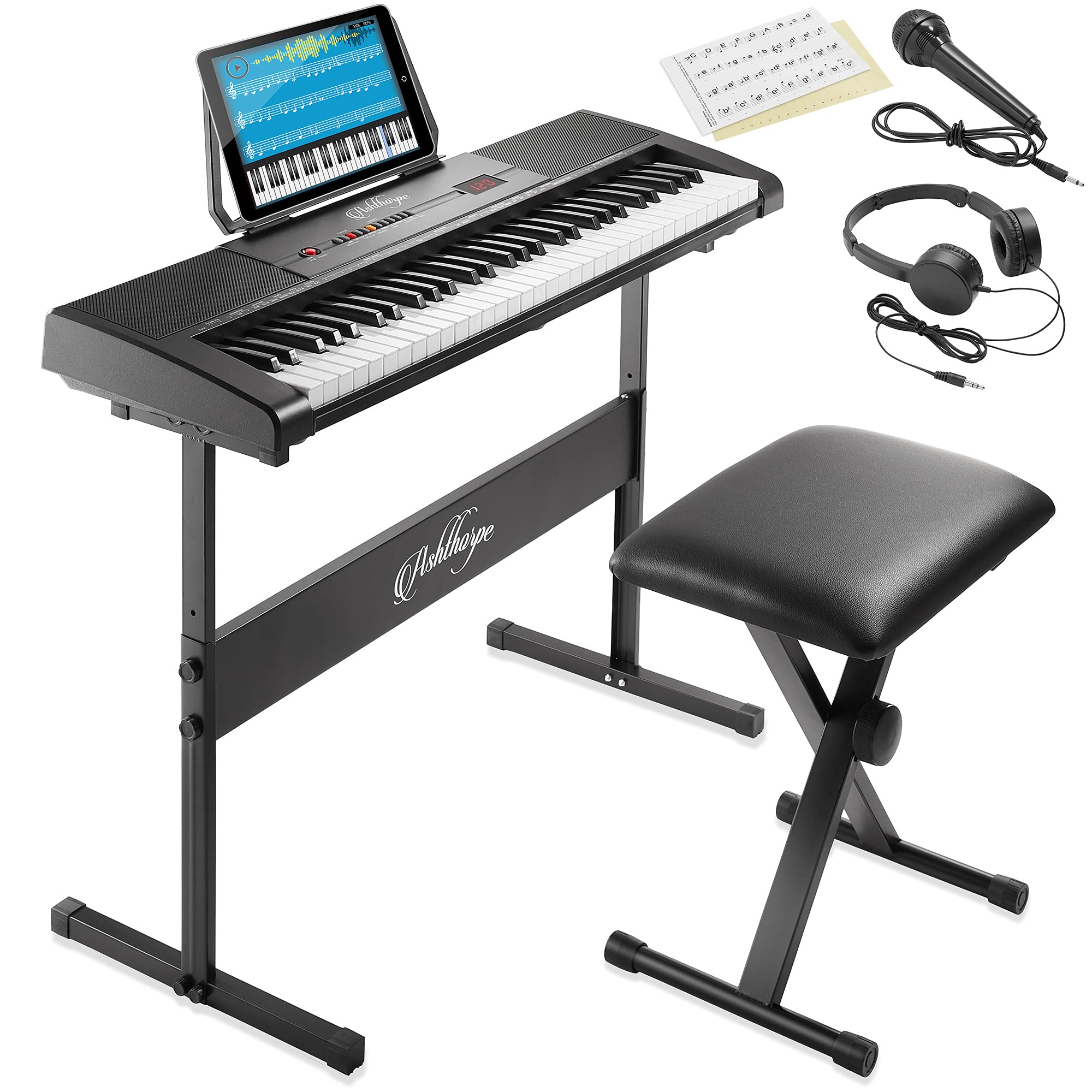 Ashthorpe 61-Key Digital Electronic Keyboard Piano, Beginner Kit with Stand, Bench, Headphones, Mic and Keynote Stickers