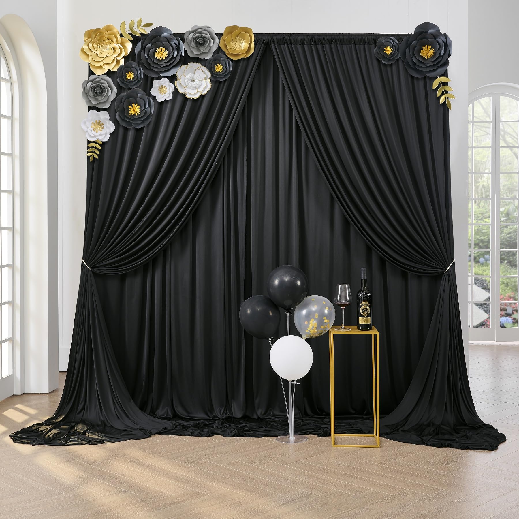 10 Ft X 30 Ft Wrinkle Free Black Backdrop Curtain For Parties, 6 Panels Polyester Black Photo Backdrop Drapes For Graduation Bir