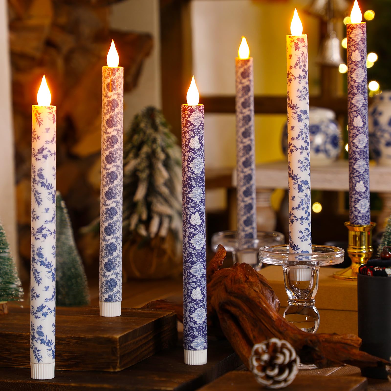 Baquler 6 Pcs Chinoiserie Flameless Candles 10.6 Inch Blue And White Battery Operated Led Candlesticks Chinoiserie Decor For Wed