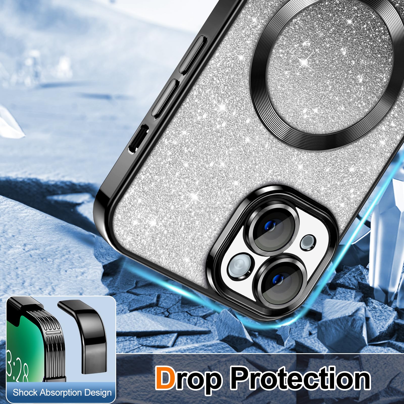 Hython For Iphone 14 Plus Case Clear Magnetic Glitter Phone Cases [Compatible With Magsafe] Full Camera Lens Protector Slim Grad