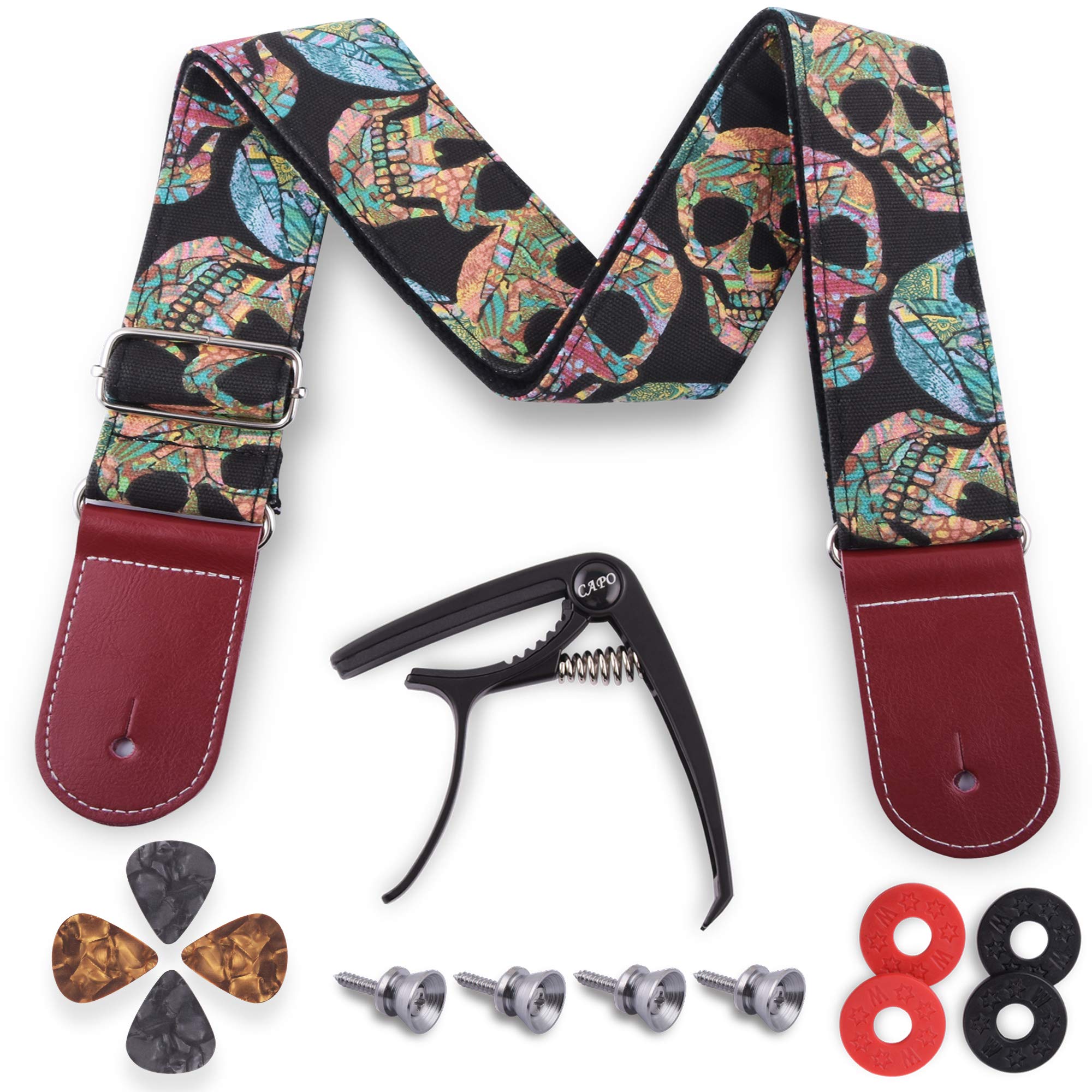 Guitar Straps, Acoustic Guitar Strap,Electric Guitar Strap Adjustable Skull Pattern Includes 1 Guitar Capo,4 Guitar Strap Lock,4