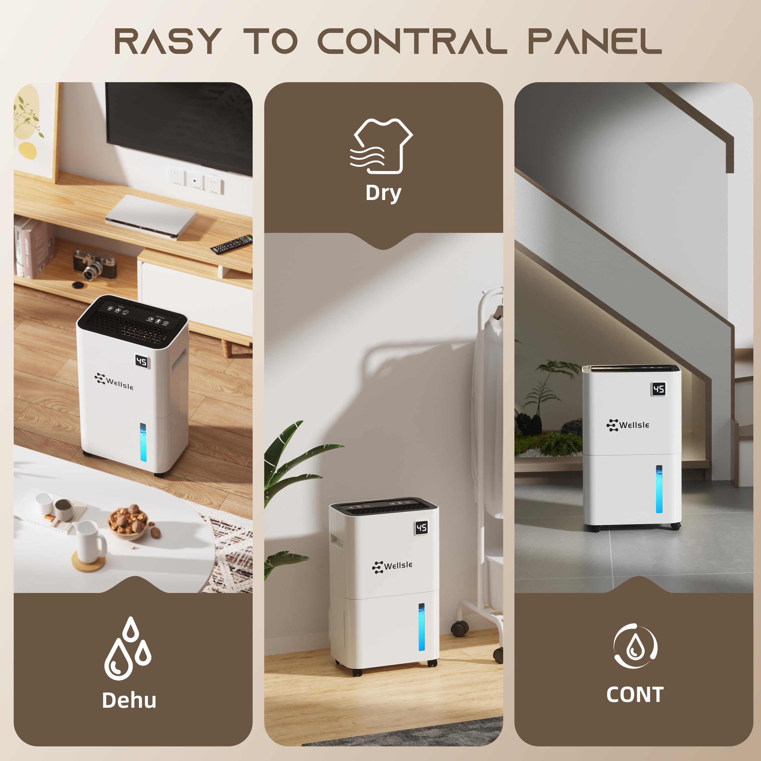 Wellsle Dehumidifiers For Home, 50 Pint Dehumidifier For Basement, Bedroom, Bathroom With Drain Hose - Smart Quiet Dehumidifier