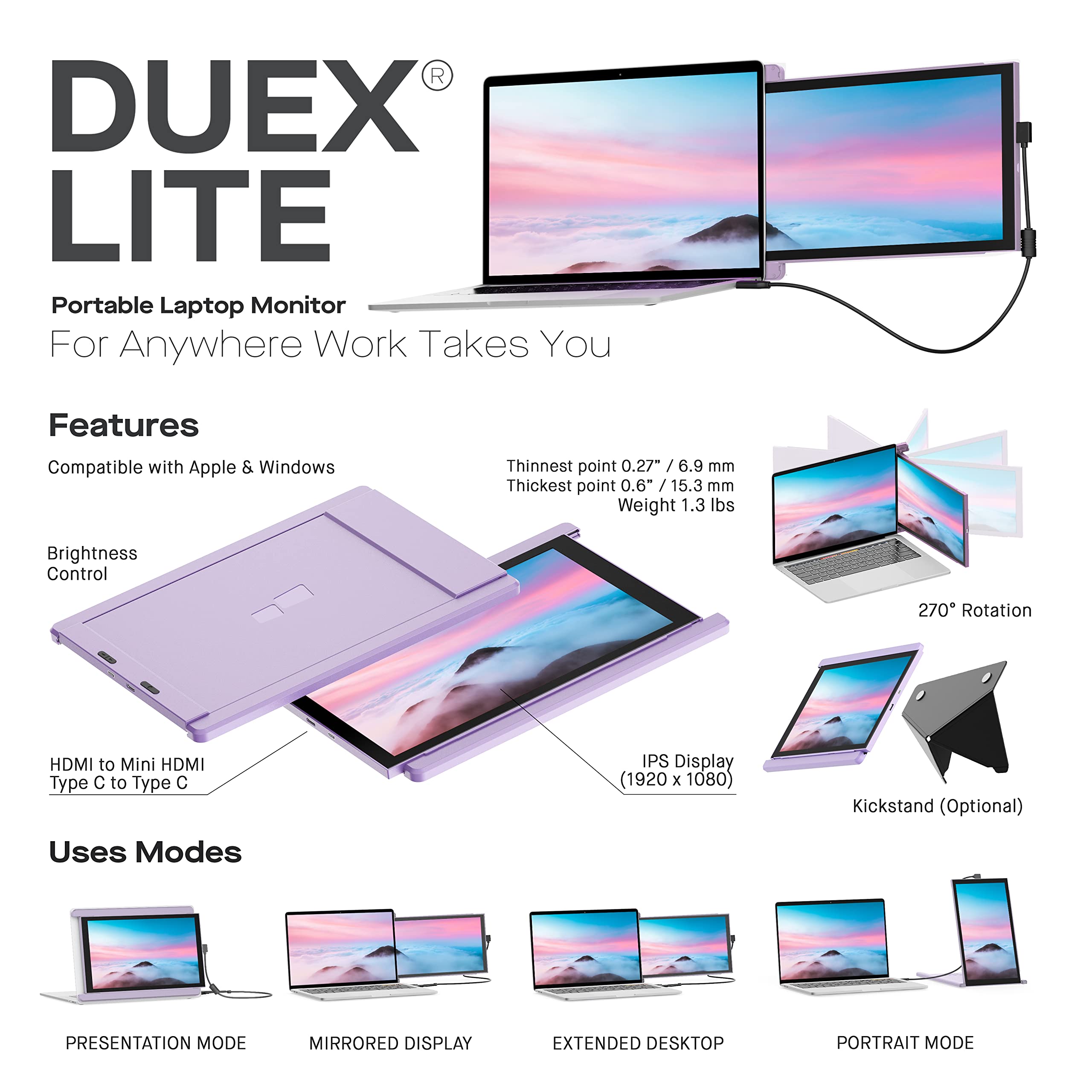 New Mobile Pixels Duex Lite Portable Monitor For Laptops(2025 Upgraded), 12.5 Full Hd Ips Laptop Screen Extender, Usb C/Hdmi Pow