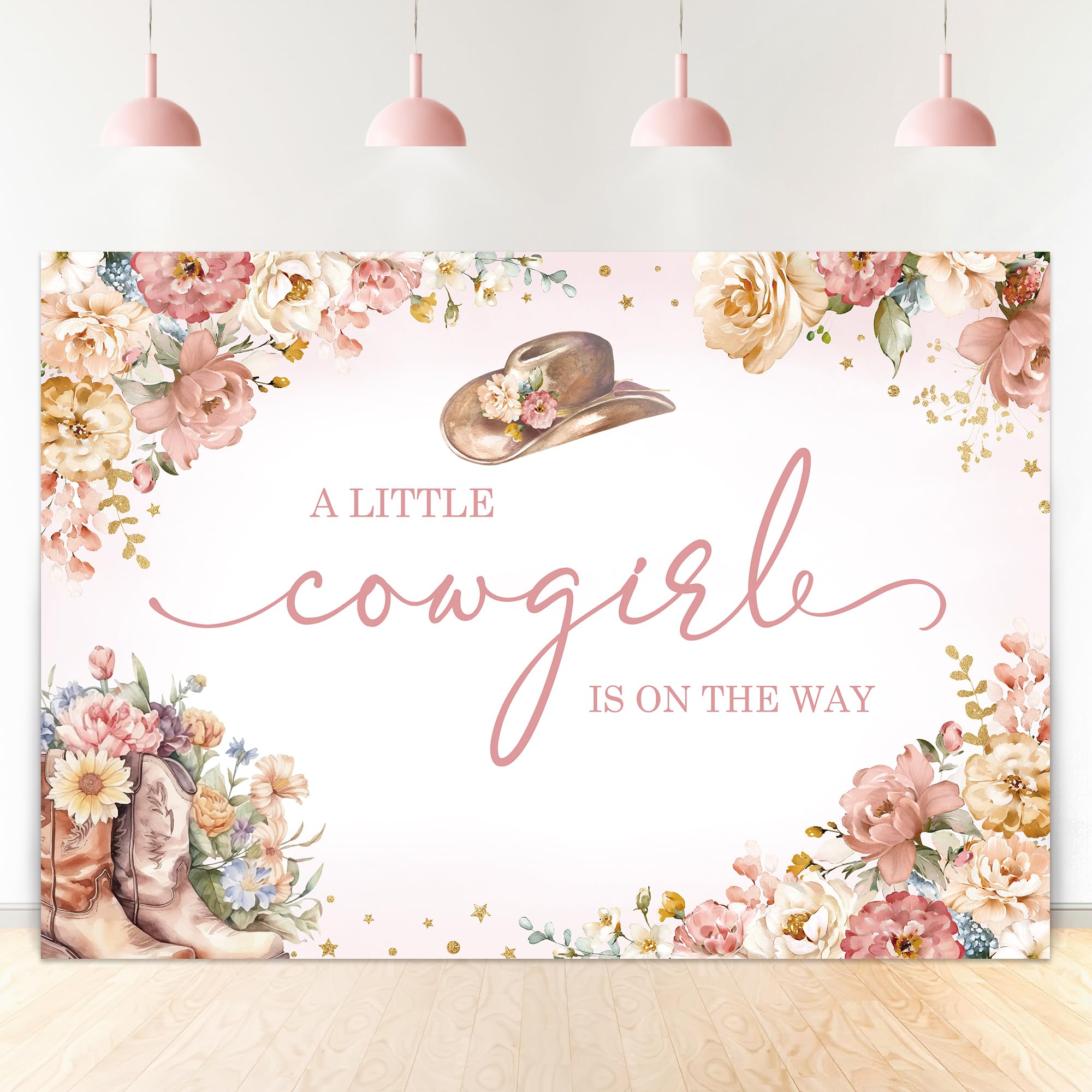 Ufeela Western Cowgirl Baby Shower Backdrop Floral A Little Girl Is On The Way Pink Rustic Watercolor Flower Rose Hat Boots 7Wx5
