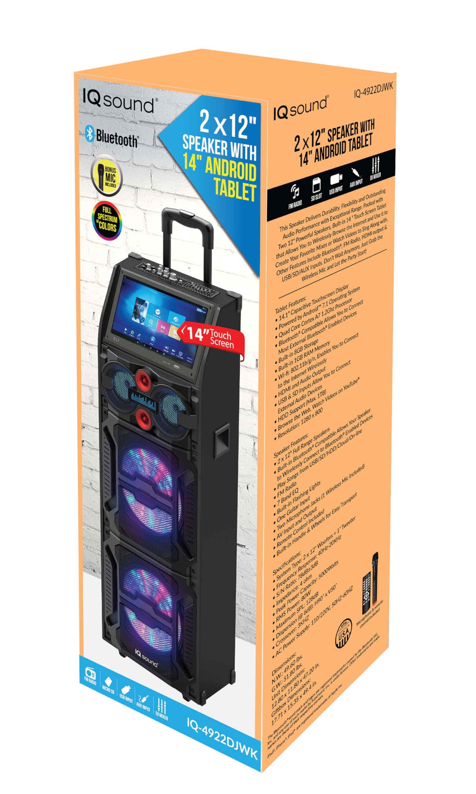 Iq Sound Iq-4922Djwk 2 X 12-Inch Portable Bluetooth Speaker Karaoke & Built-In Tablet, Fm Radio, 7-Band Eq, Built-In Lights, Gui