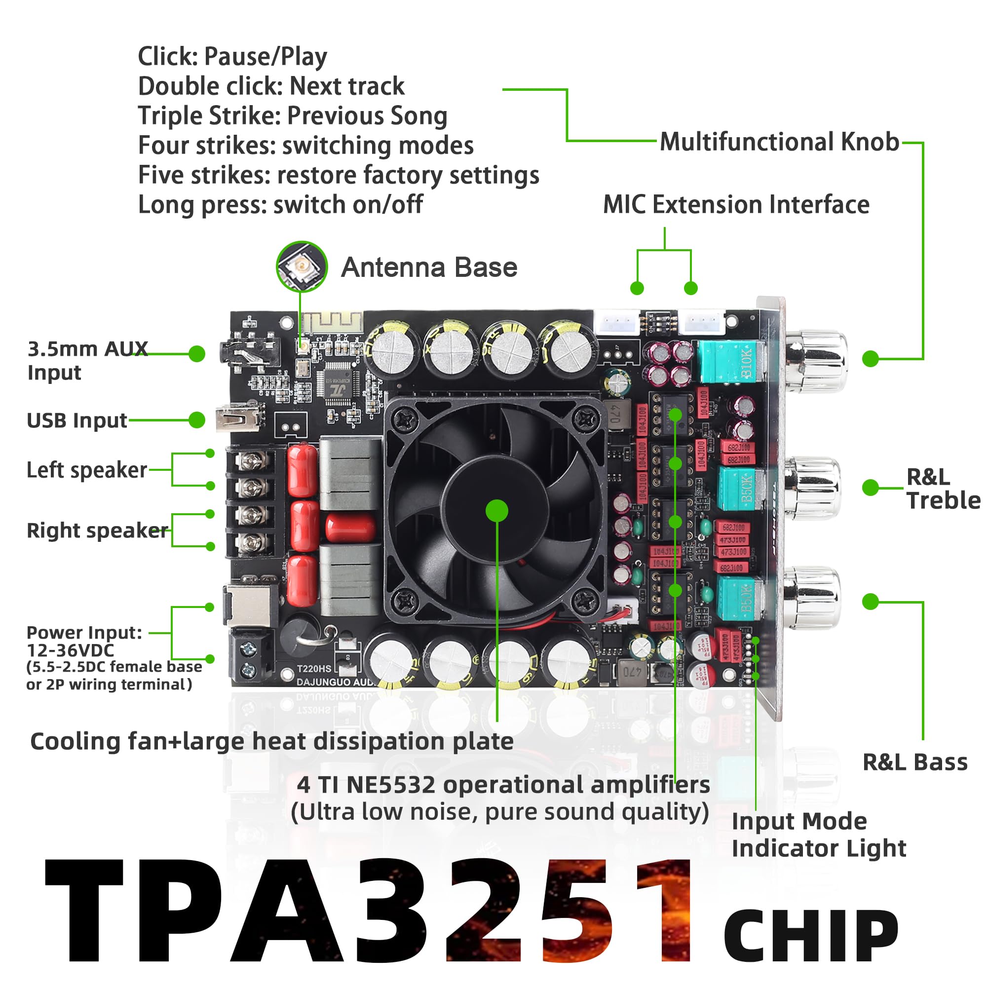 220W+220W Bluetooth Amplifier Board With Treble And Bass Control Dc 12 36V, 2.0 Channel Stereo Amp Board,Bluetooth/Aux/Usb Input