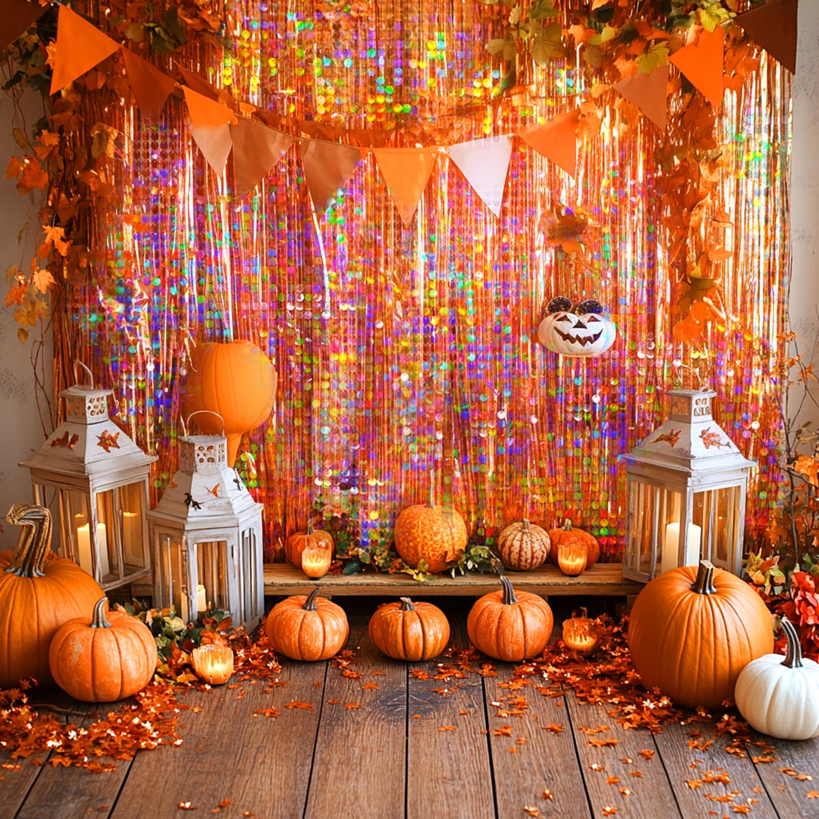 4 Packs Orange Foil Fringe Curtain, Orange Glitter Metallic Tinsel Backdrop For Birthday, Wedding, Baby Shower, Halloween, Thank