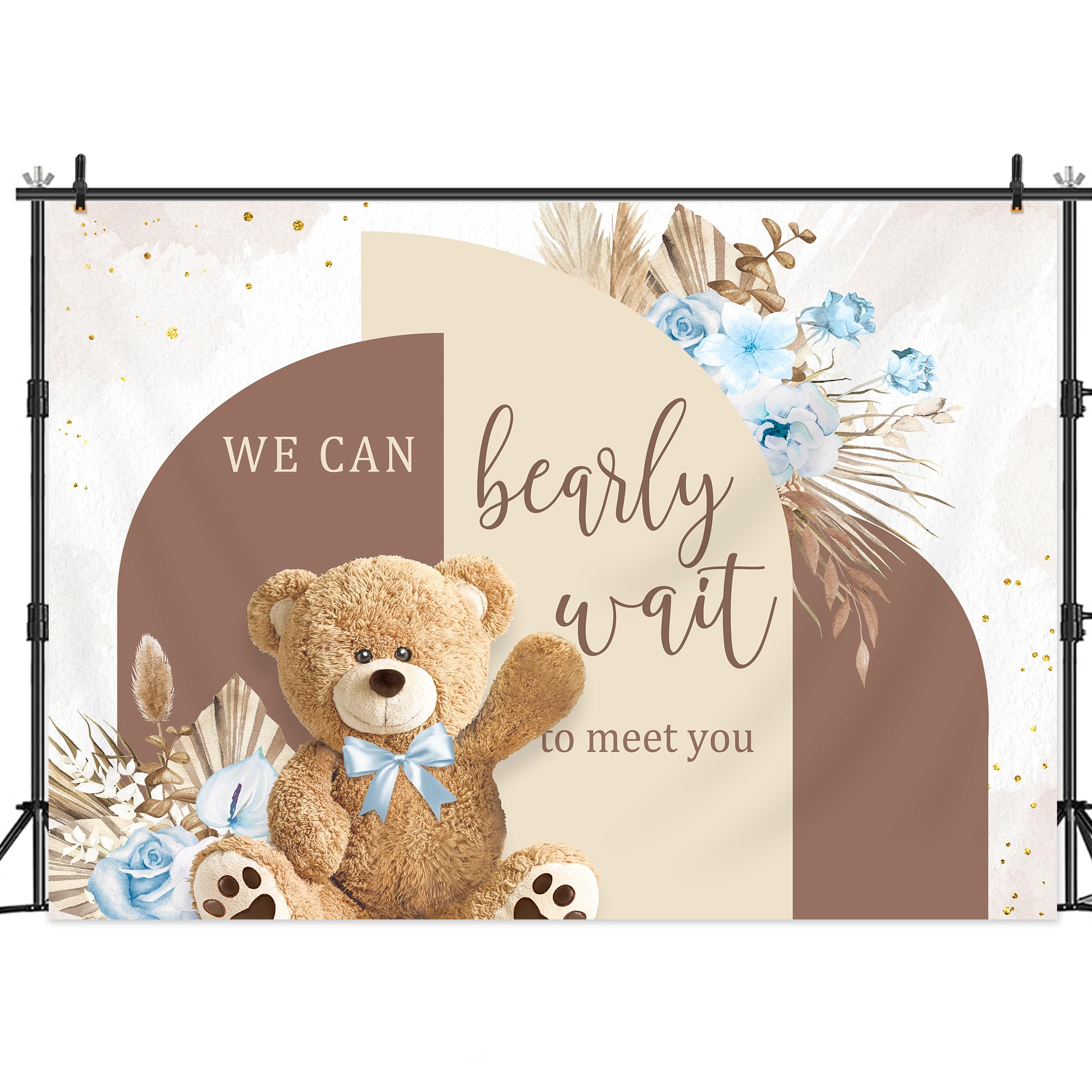 Lightinhome Bear Baby Shower Backdrop 7Wx5H Feet We Can Bearly Wait Cute Blue Brown Floral Pampas Grass Arch For Boys Kids Photo