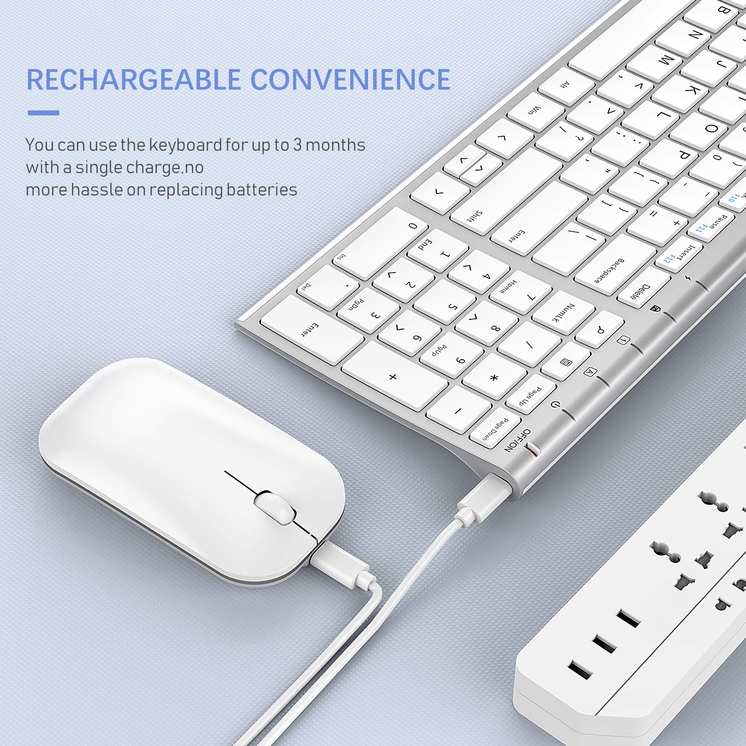 Seenda Rechargeable Wireless Keyboard Mouse, Ultra Thin Low Profile Wireless Keyboard And Mouse With Number Pad, Quiet Portable Combo Compatible For Windows Xp/7/8/10/11/11 Pro, Silver White