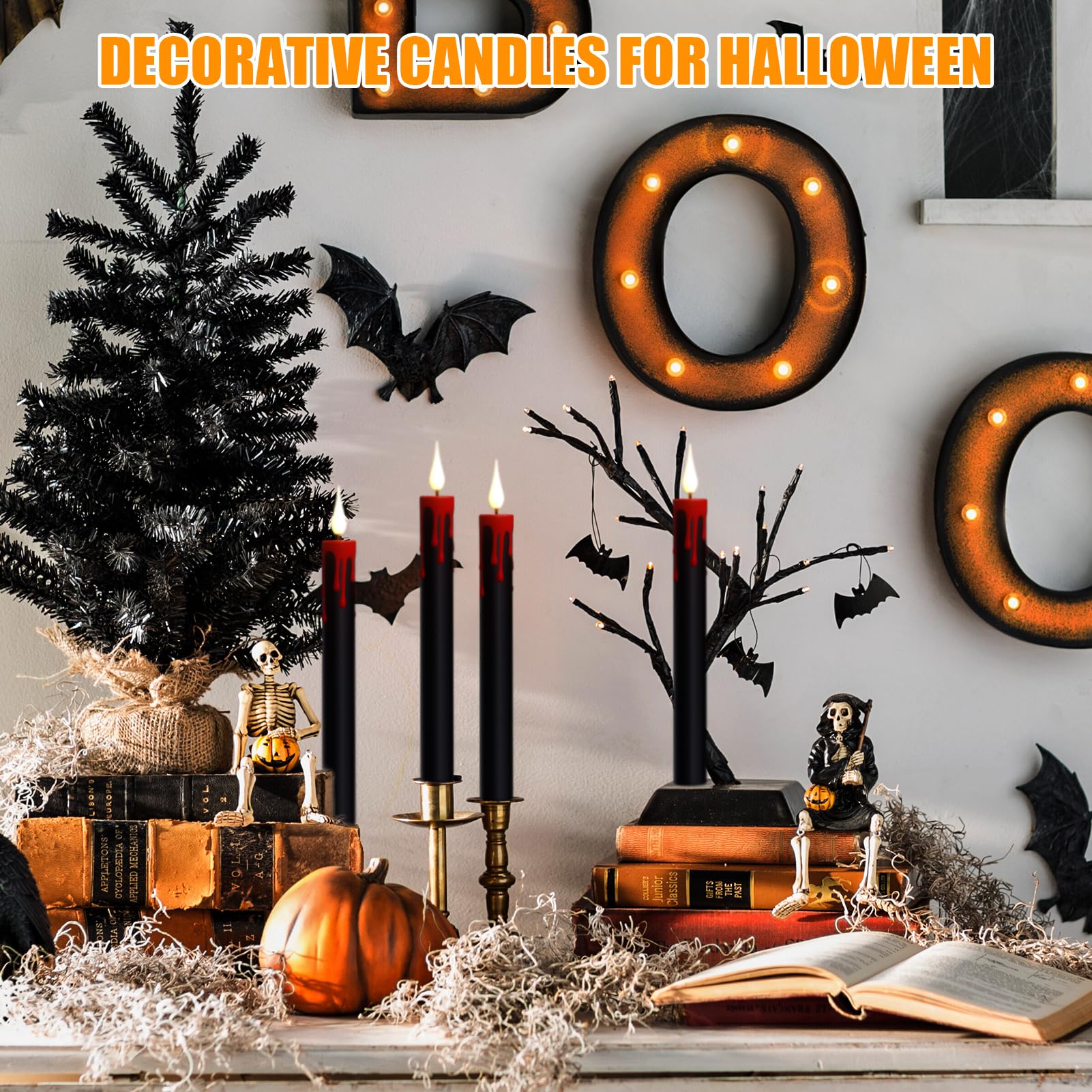 Genswin Halloween Black Taper Flameless Candles Battery Operated With Remote Timer, 4 Pcs Drip Wax Flameless Led Candle Sticks W