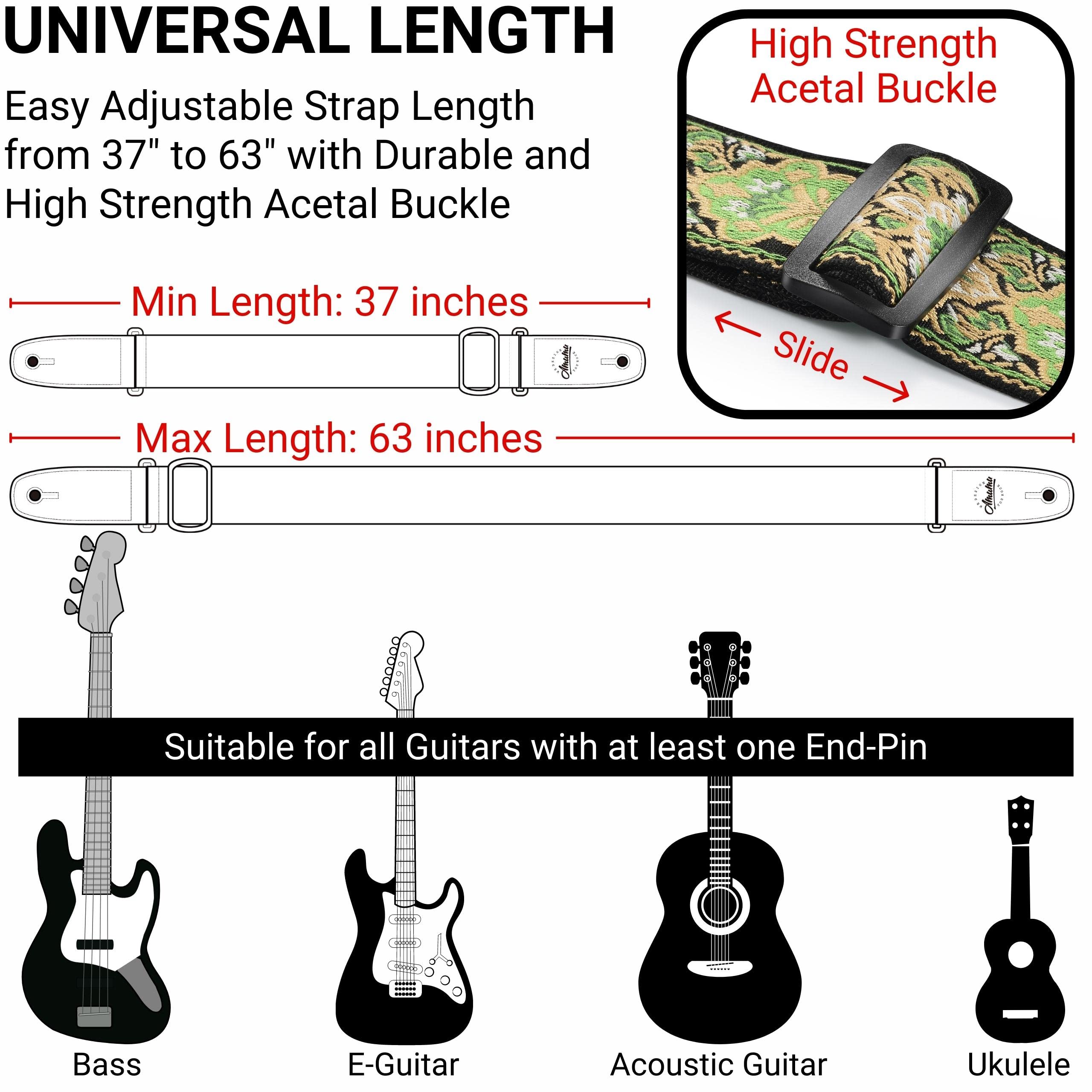 Amumu Guitar Strap Vintage Jacquard For Acoustic, Electric And Bass Guitars  W/Free Button And Blocks