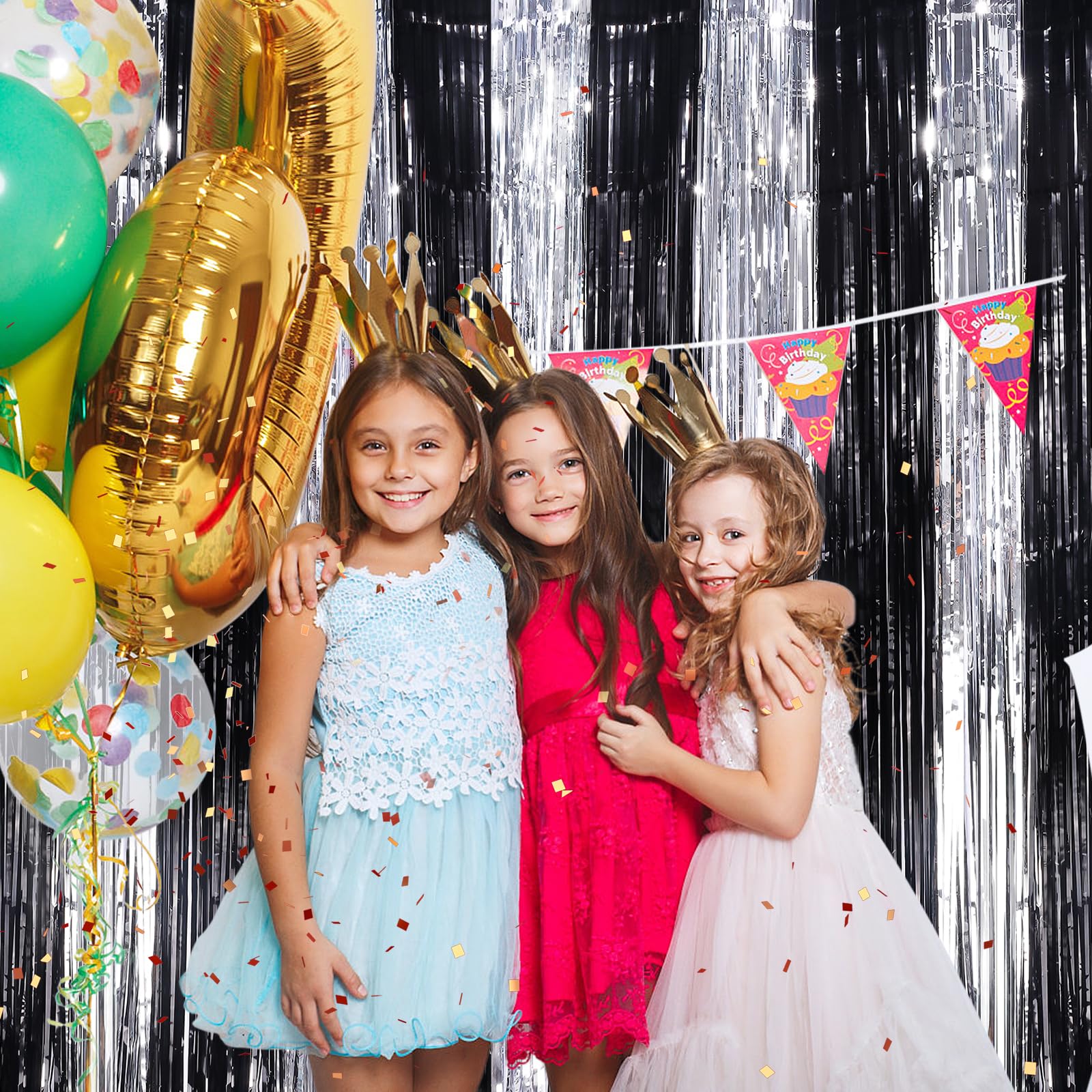 Black Silver Metallic Tinsel Foil Fringe Curtains, 4 Pack 3.3X8.3 Feet Party Streamer For Birthday Party Decorations, Halloween