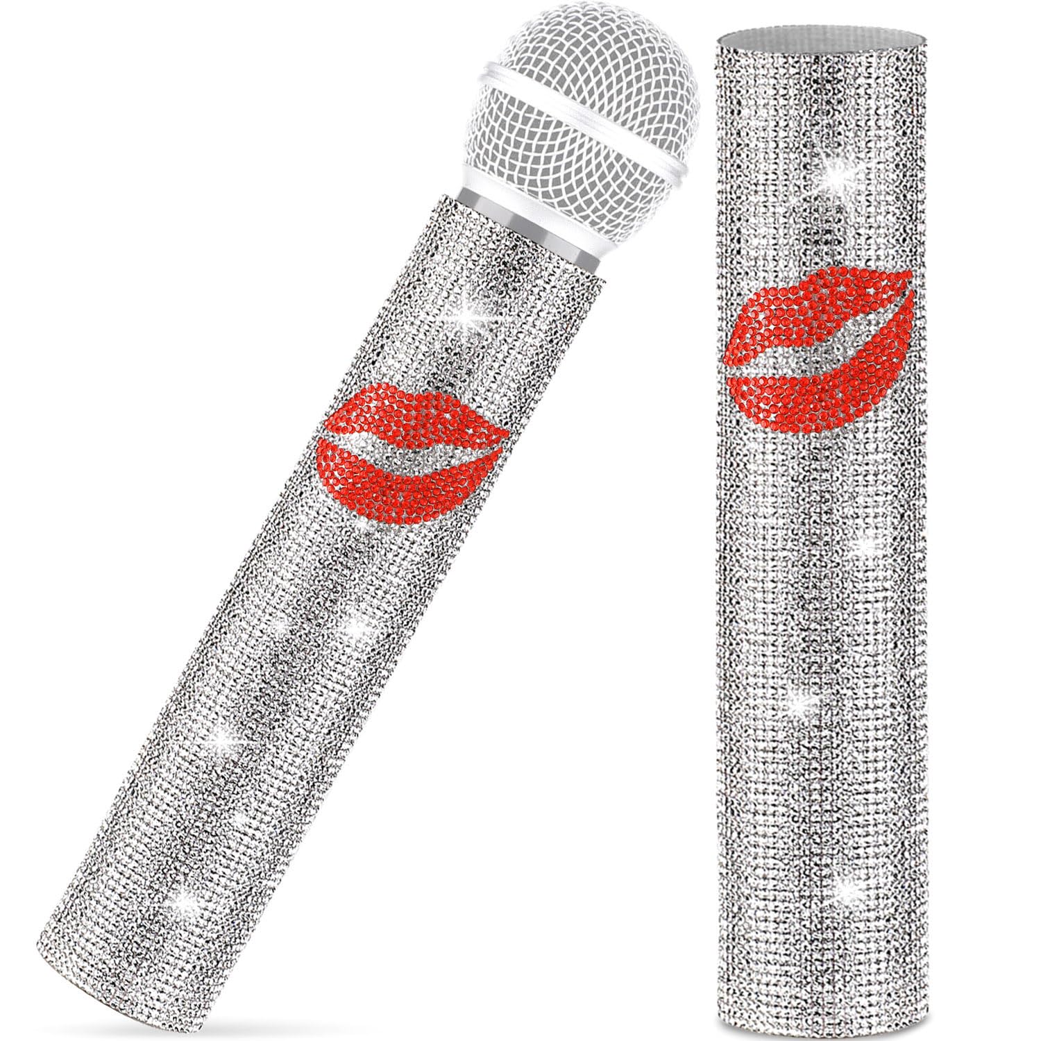 Facmogu Silver Rhinestones Microphone Cover   Red Lips Glitter Decor Sleeve For Universal Mics, Sparkly Bedazzled Cordless Handh