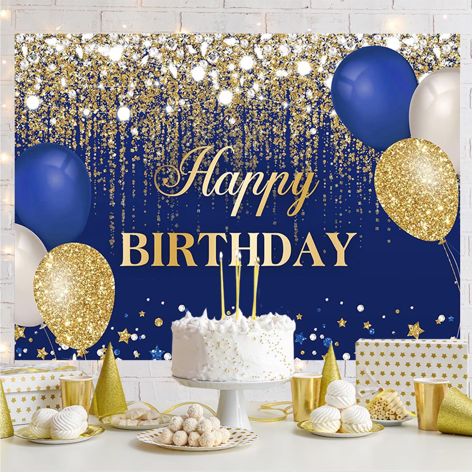 Aperturee Blue And Gold Happy Birthday Backdrop 7X5Ft Glitter Golden Dots Diamonds Balloons Women Girls Sweet 16 Bday Photography Background Party Decorations Cake Table Banner Photo Booth Props