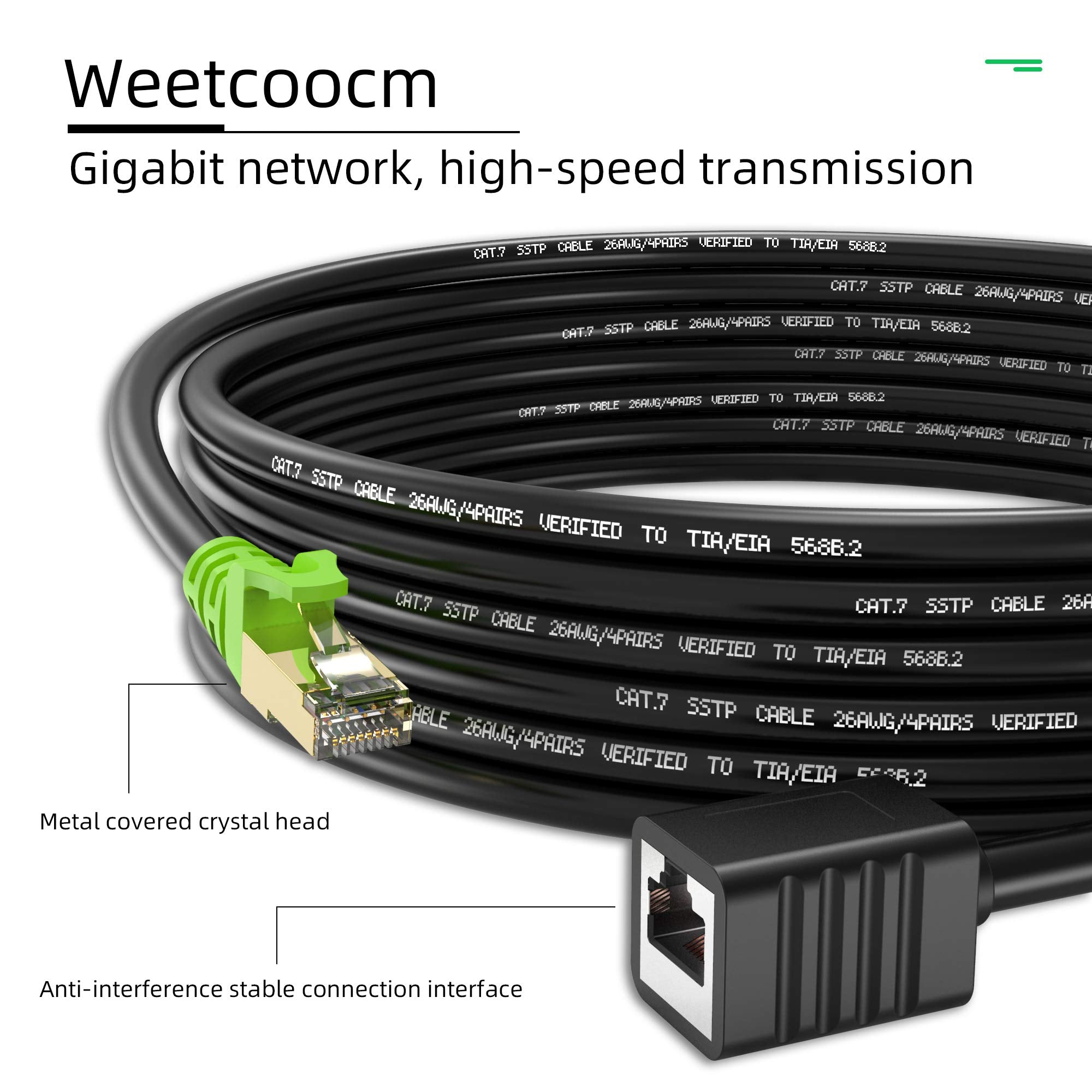 Weetcoocm Ethernet Extension Cable 65Ft, Network Cat6A Extension Patch Cable Rj45 Cords Shielded Male To Female Connector (65Ft)