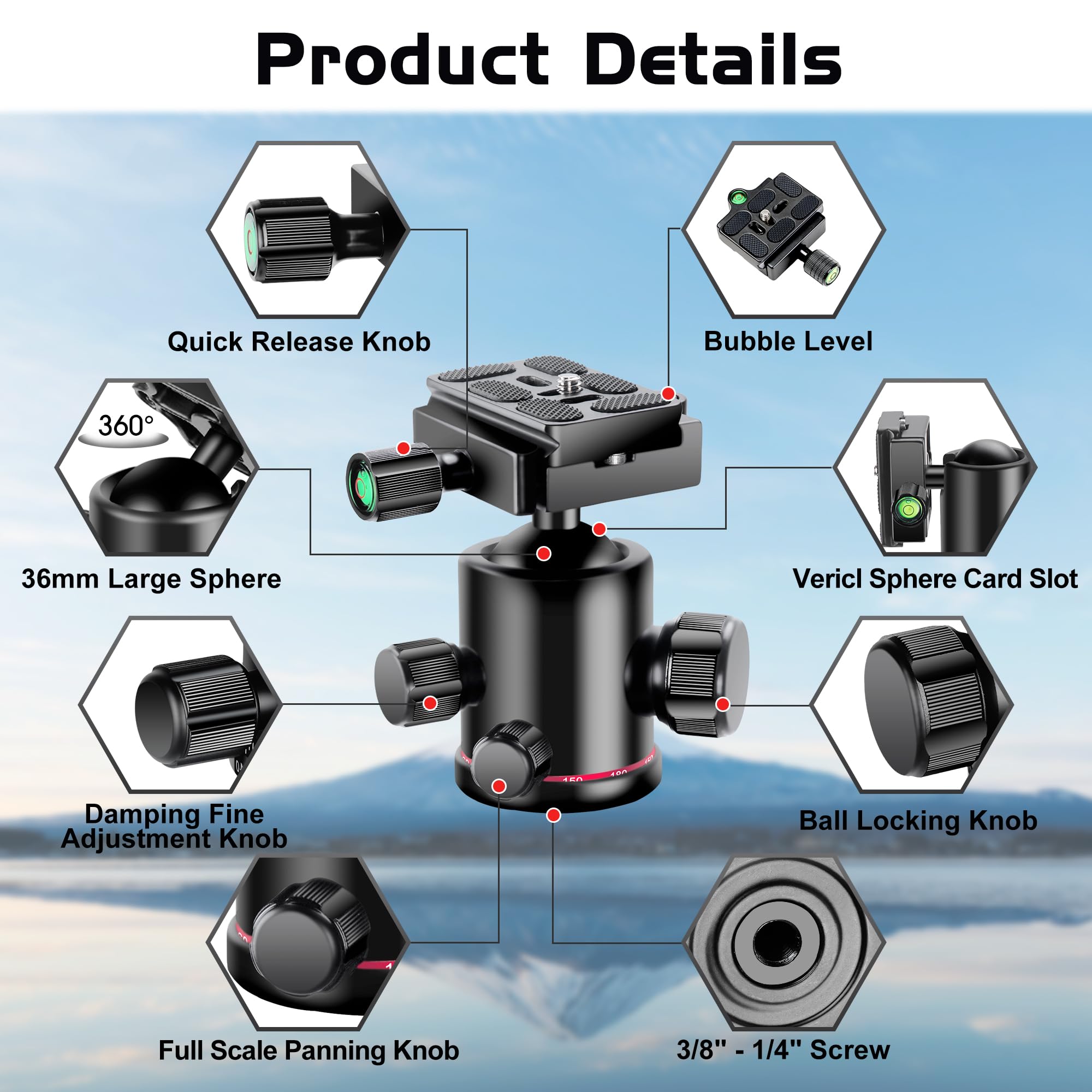 Ball Head Manbily Tripod Head Metal Aluminum Body 360� Panoramic Monopod Head With Extra Arca Swiss Quick Release Plate, Load Up To 17.6Lbs/8Kg,Camera Head For Dslr, Camcorder, Slider (Red)