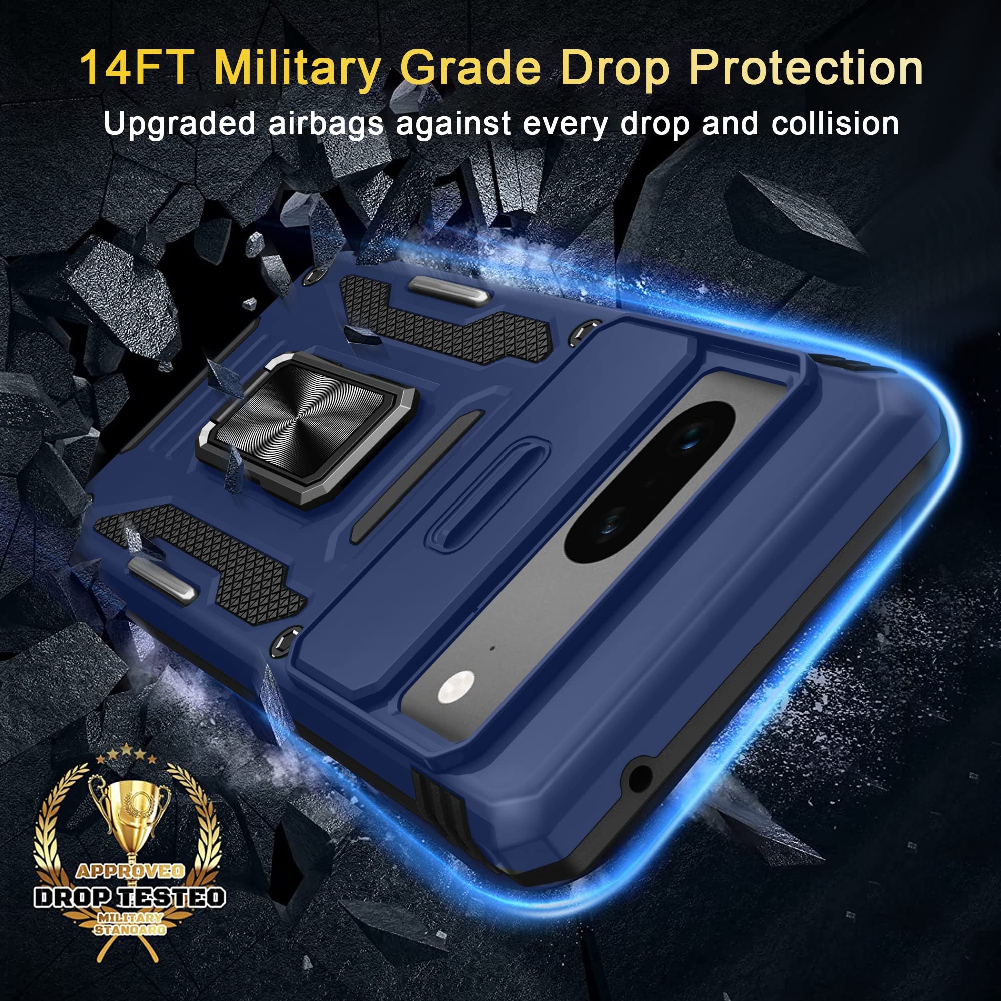 Deerlamn Case For Google Pixel 7 With Slide Camera Cover+Screen Protector(1 Pack), Rotated Ring Kickstand Military Grade Shockpr