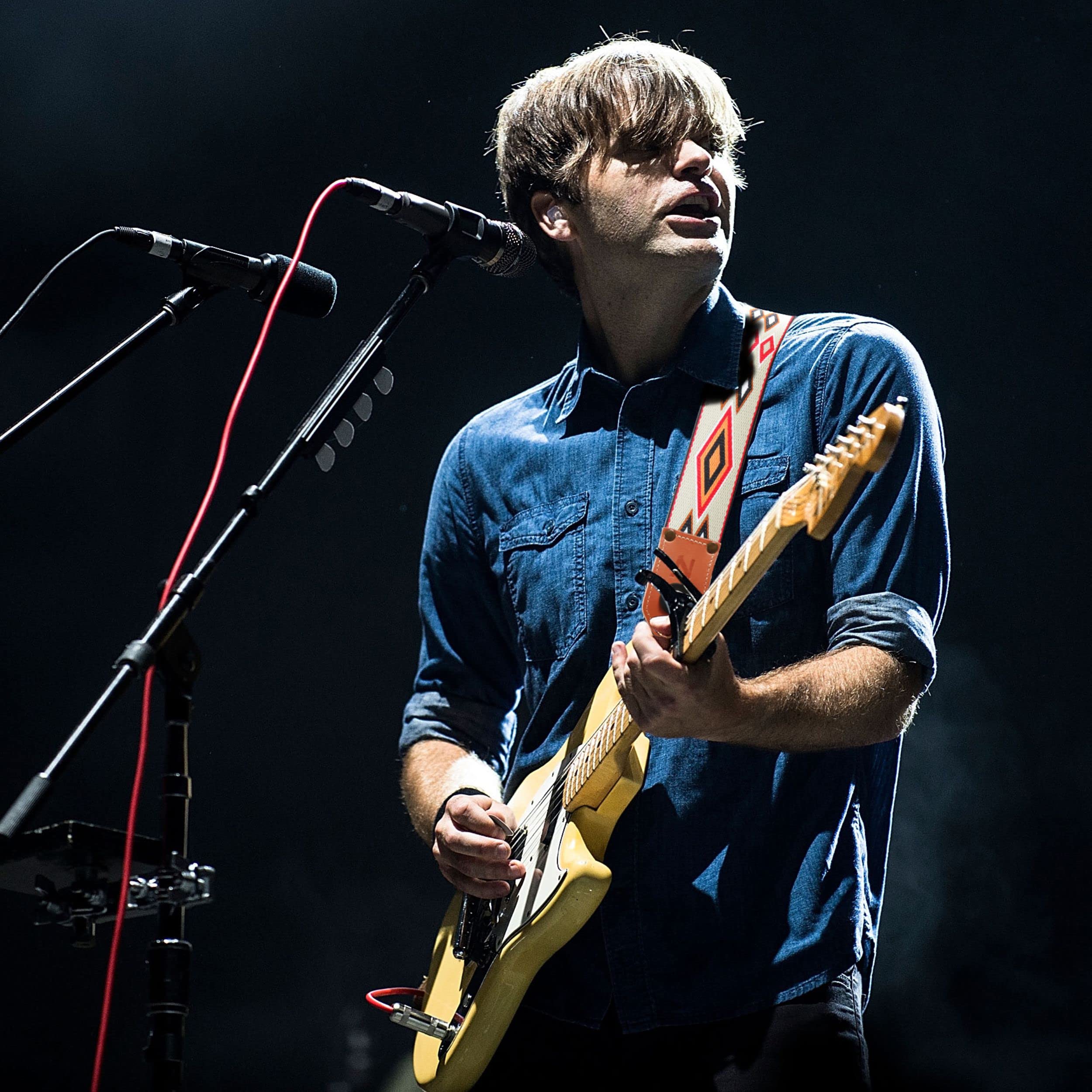 Nefelibata Cool Woven Guitar Strap   Cotton Guitar Straps With Thicked First Layer Vegetable Tanned Cowhide Leather Ends For Aco