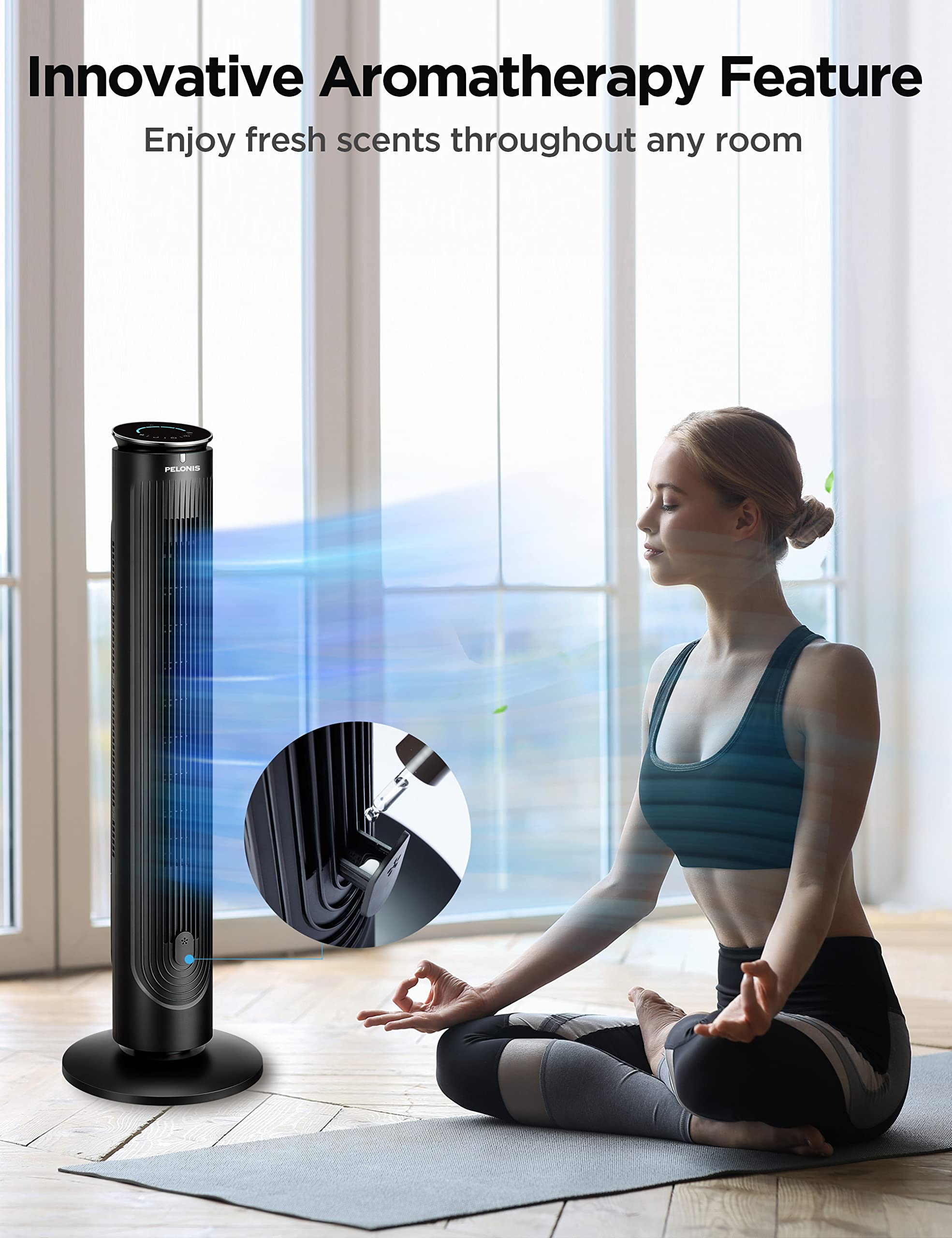 Pelonis 42 Oscillating Tower Fan With Aromatherapy Diffuser, Remote Control, 5 Speed Settings With 3 Modes Led Display For Bedro
