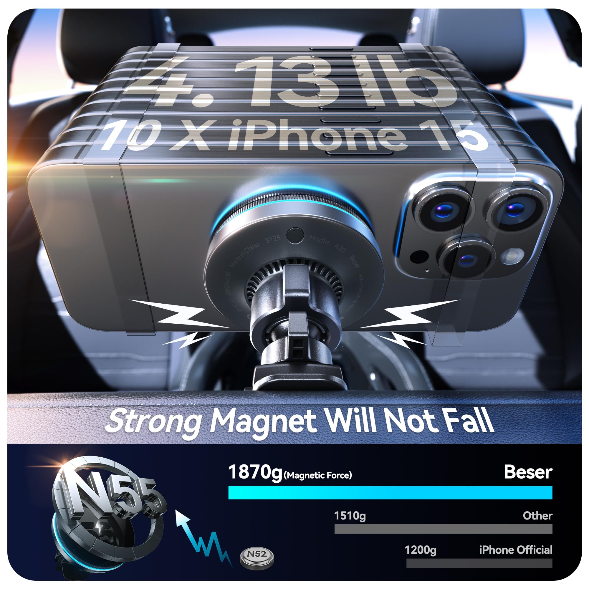 Beser For Magsafe Car Mount Charger, (4.13 Lbf) Large Magnetic, 15W Qi Wireless Charger For Car, Vent/Dashboard, Phone Holder Fo