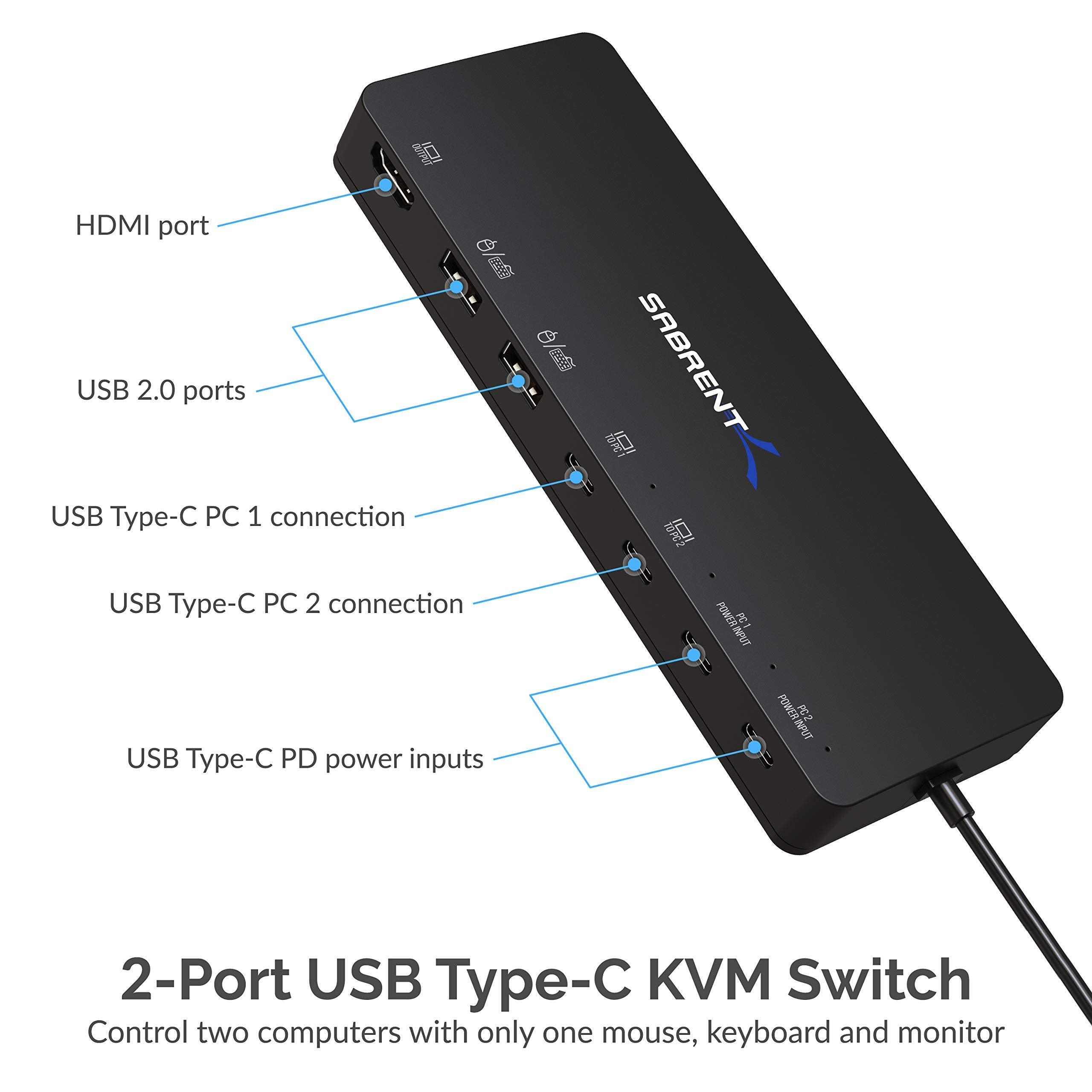 SABRENT 2 Port USB Type C KVM Switch with 60 Watt Power Delivery Option (USB KCPD)