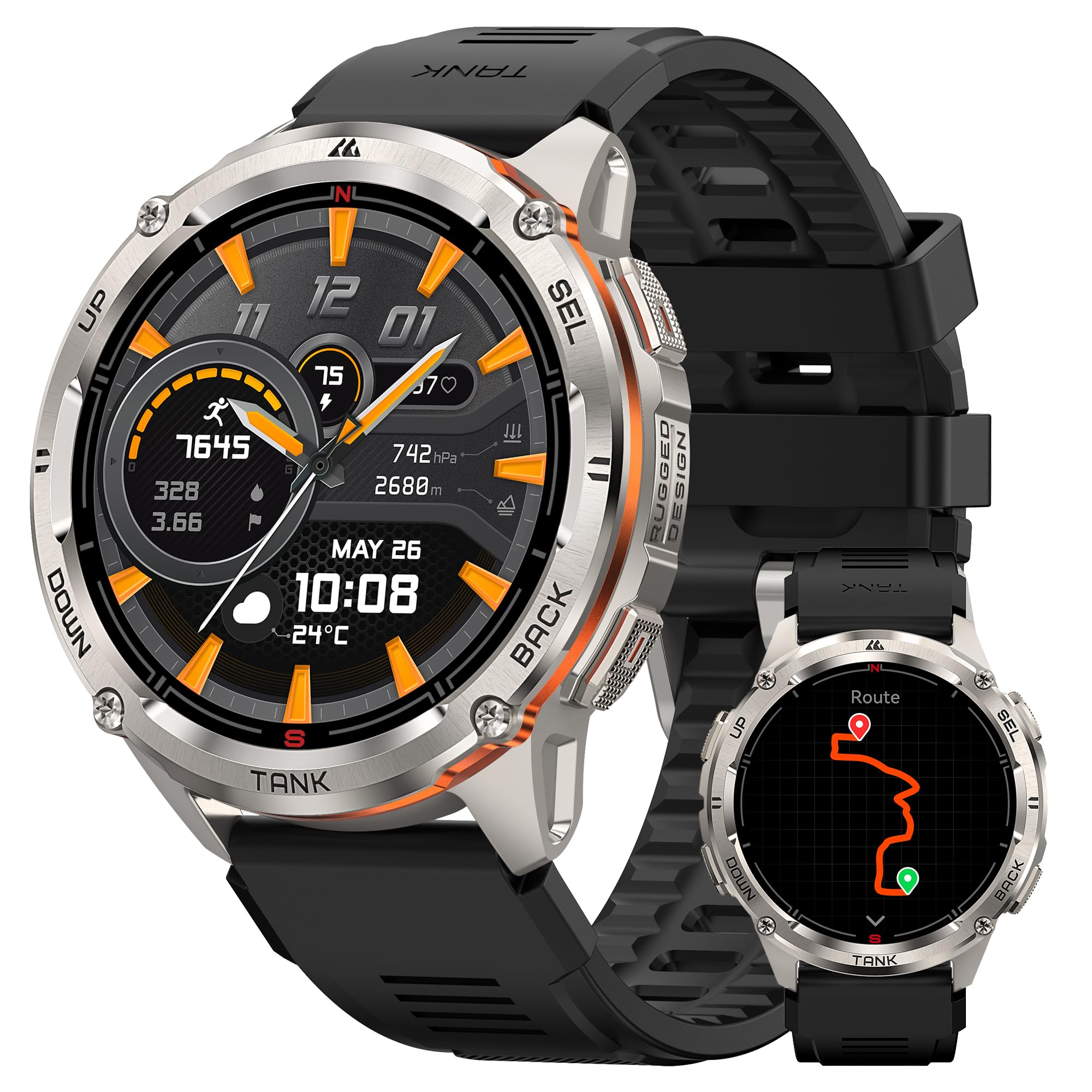Kospet Tank T3 Ultra 2 Smart Watch Gps For Men, 5Atm Waterproof, Pressure&Altitude&Compass, Extra-Large Battery, Full Metal Body