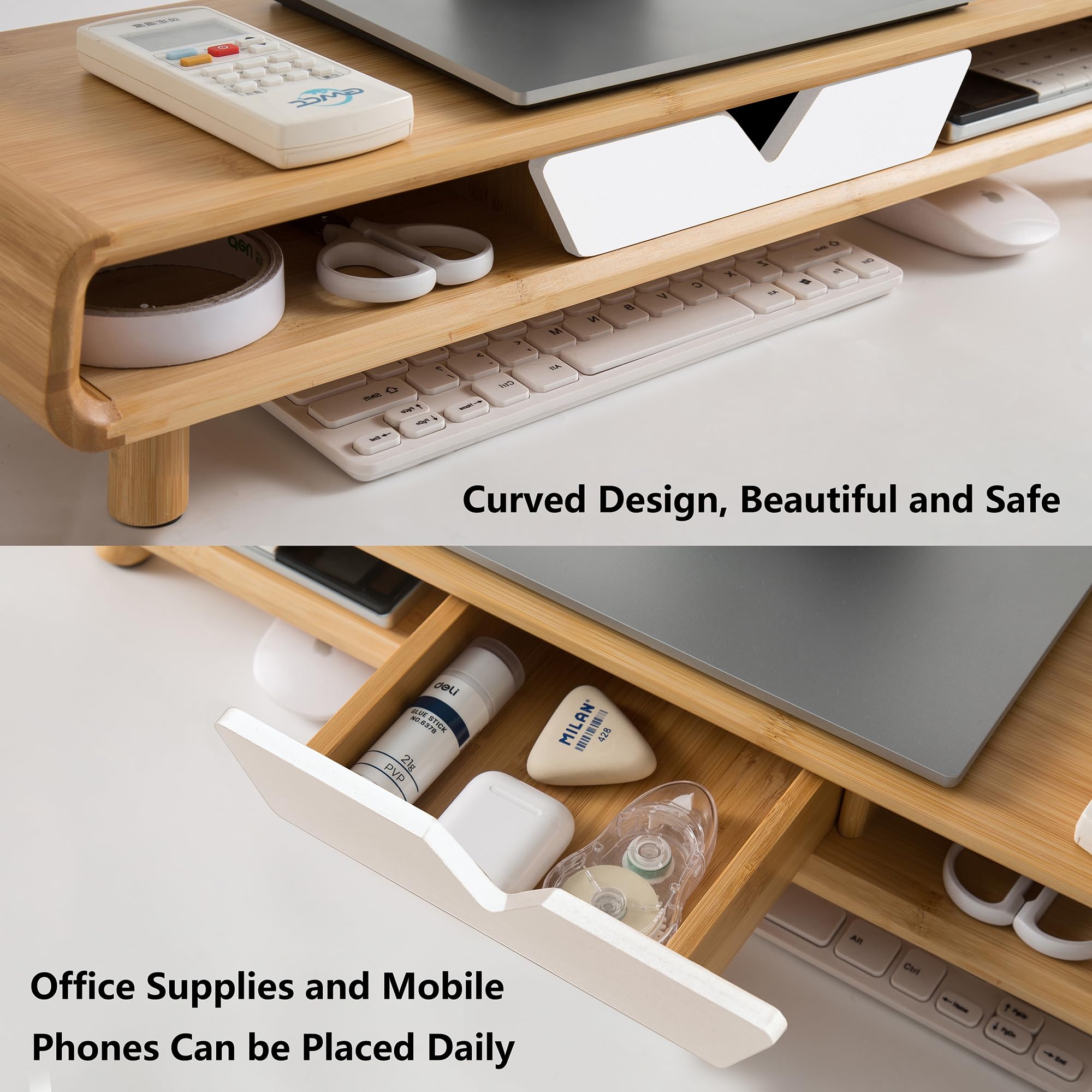 Homerays Monitor Stand with Drawer, Ergonomic Wood Riser for Computer, Laptop, TV - Upgrade White