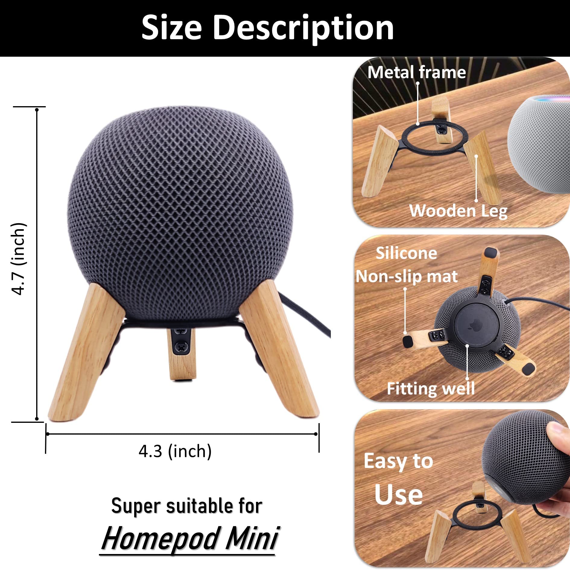 Real Wood Stand For Homepod Mini,Wooden Tripod With Metal Frame,Safe Stable Holder Mount With Anti Slip Silicone Pad Protects Home Pod Mini Smart Speaker(Color:White Oak)
