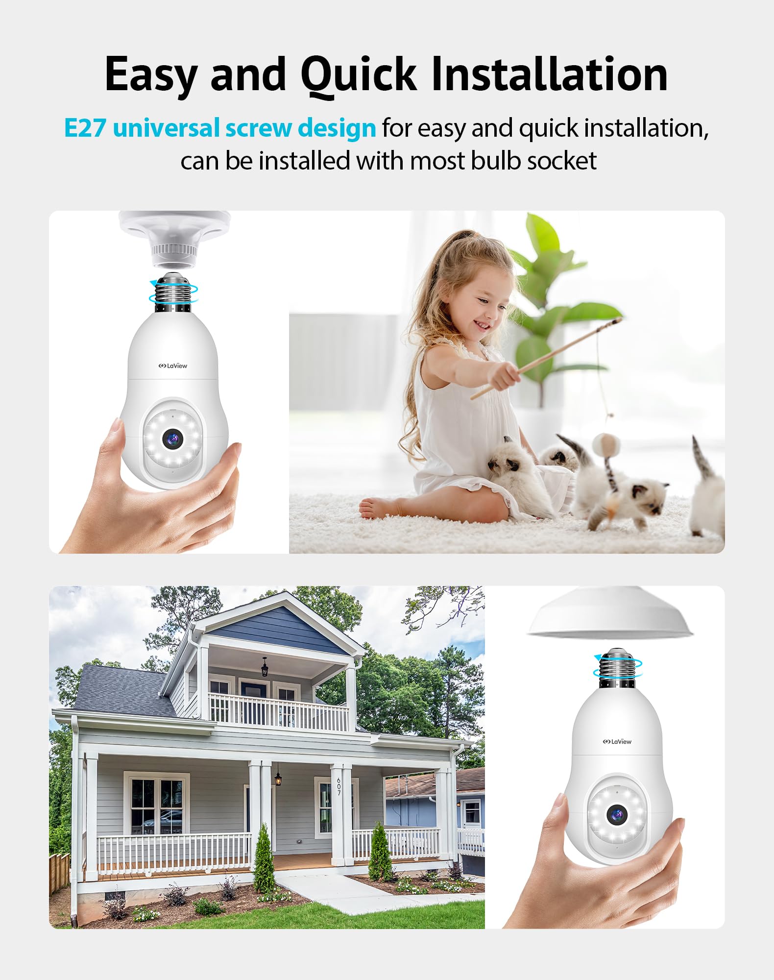 Laview 5Mp Qhd Bulb Security Camera 2.4Ghz, 360 3K Security Cameras Wireless Outdoor Indoor Full Color Day And Night, Ai Motion