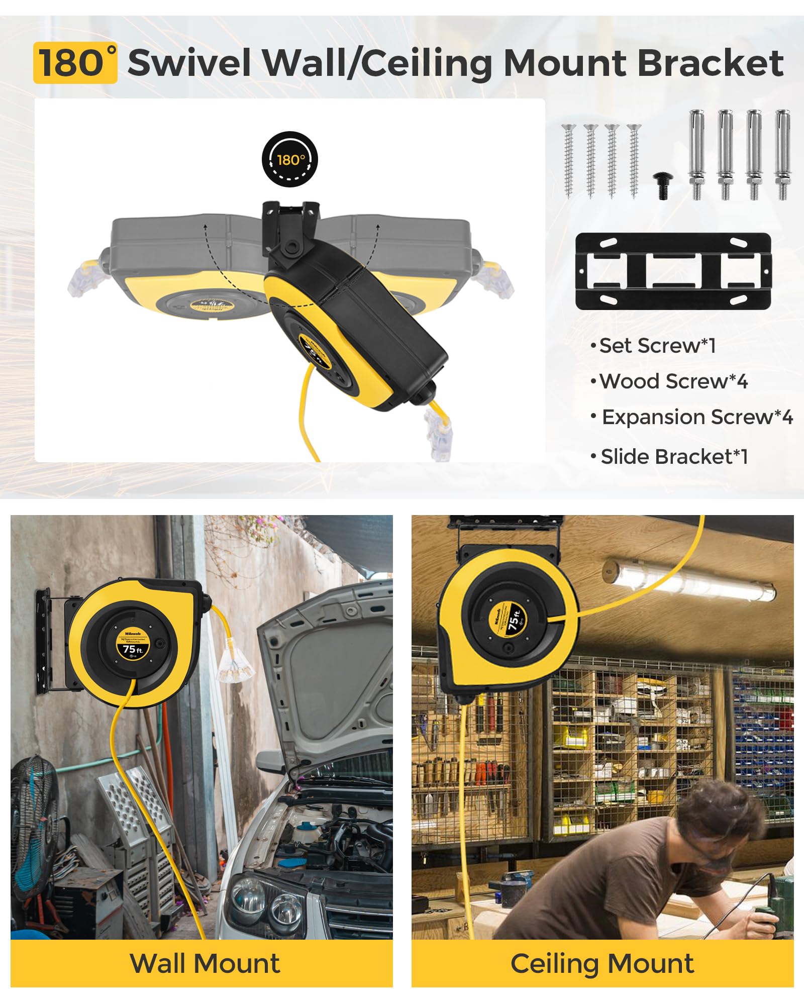 Wilawels Retractable Extension Cord Reel, 75 Ft Heavy Duty Cord Reel, 14Awg/3C Sjtow, 3 Grounded Outlets Lighted Triple Tap, 10A