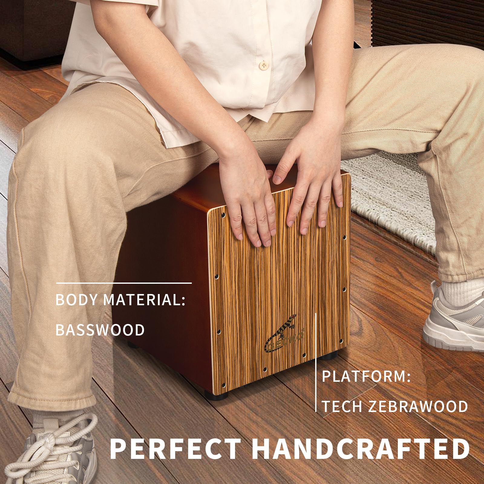 Gecko Cajon Drum Box With Snare And Bass Tone For Acoustic Music, Percussion Instrument With Internal Adjustable Guitar Strings