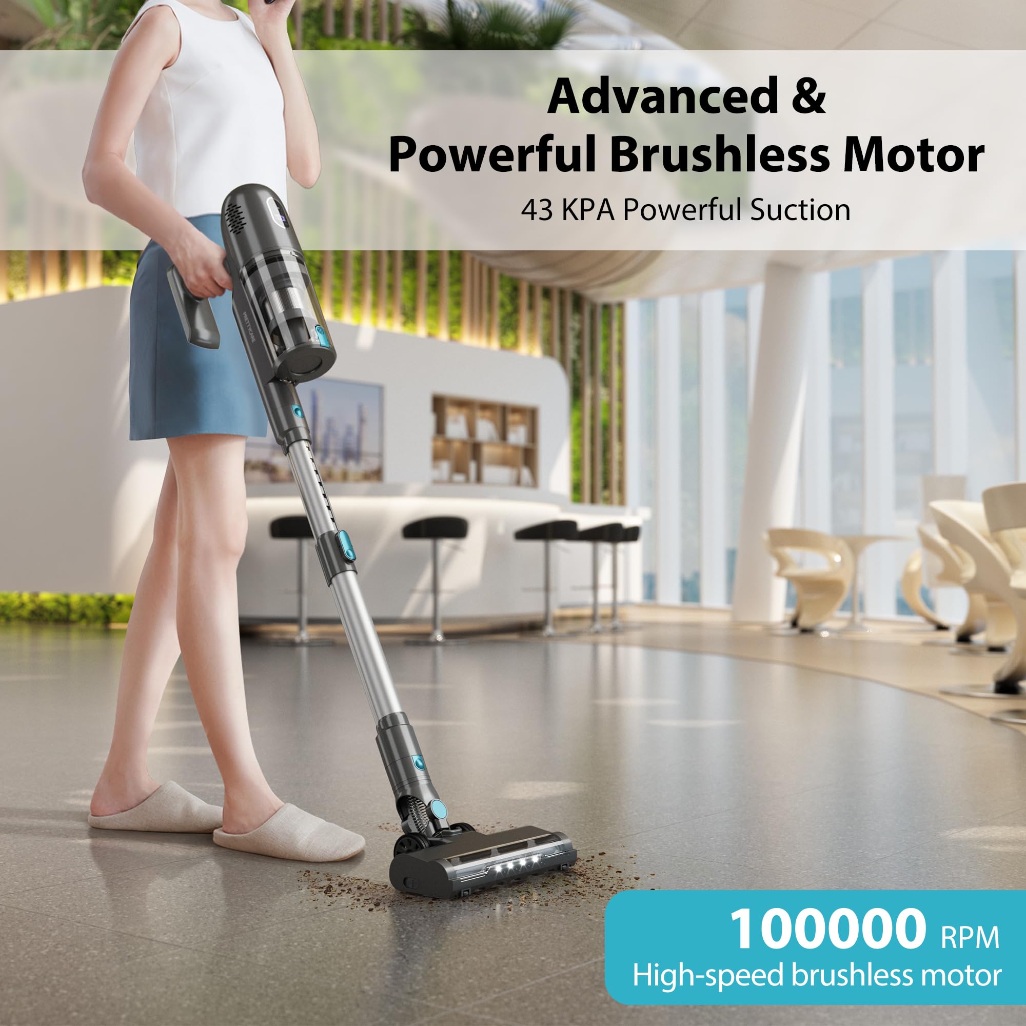 Prettycarelife Cordless Vacuum Cleaner, 43Kpa Powerful Stick Lightweight Vacuum With Led Touch Display, 45 Mins Long Runtime, Se