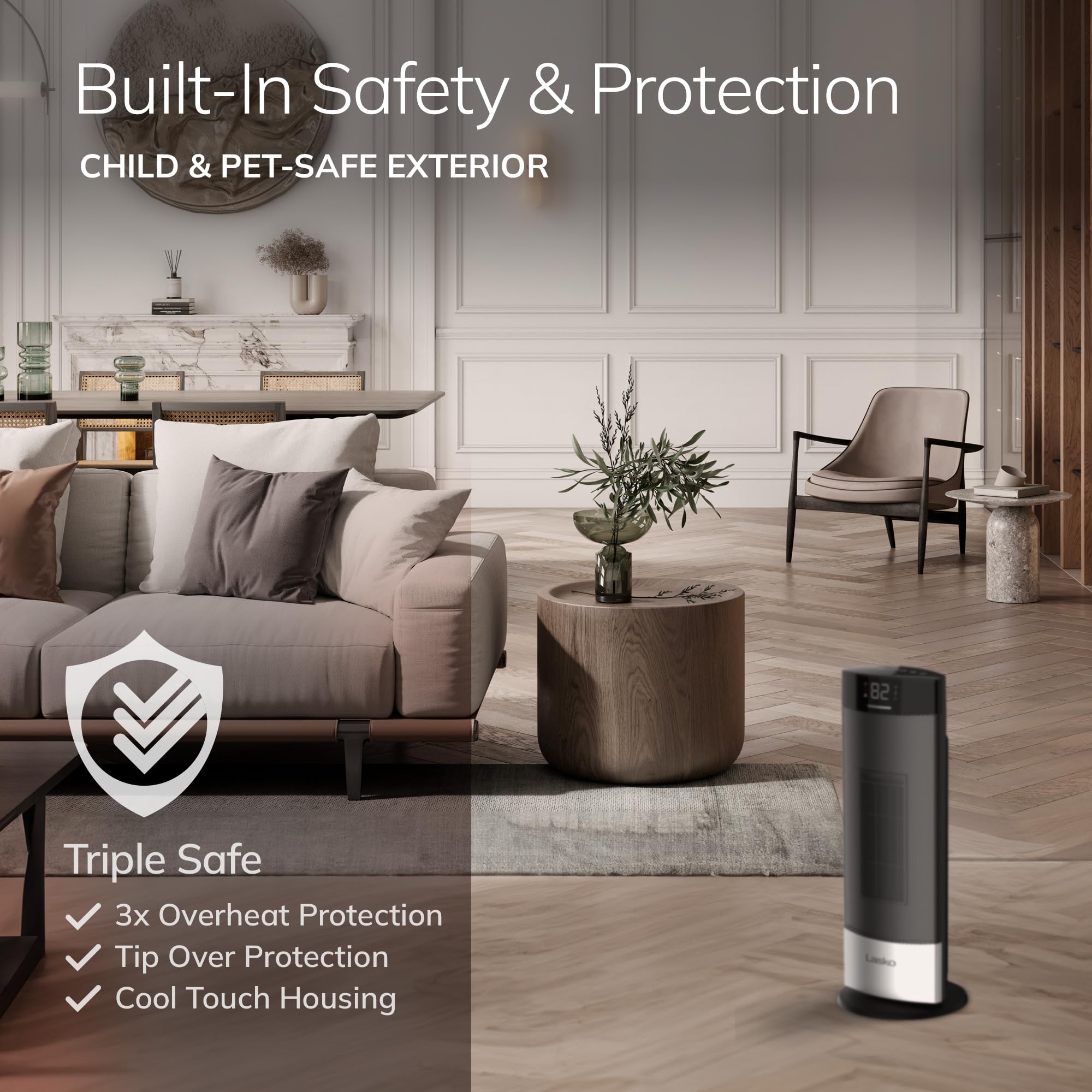 Lasko Ellipse Ceramic Tower Heater For Home With Tipover Switch, Child Lock, Digital Display, Thermostat, Wide Oscillation, Remo