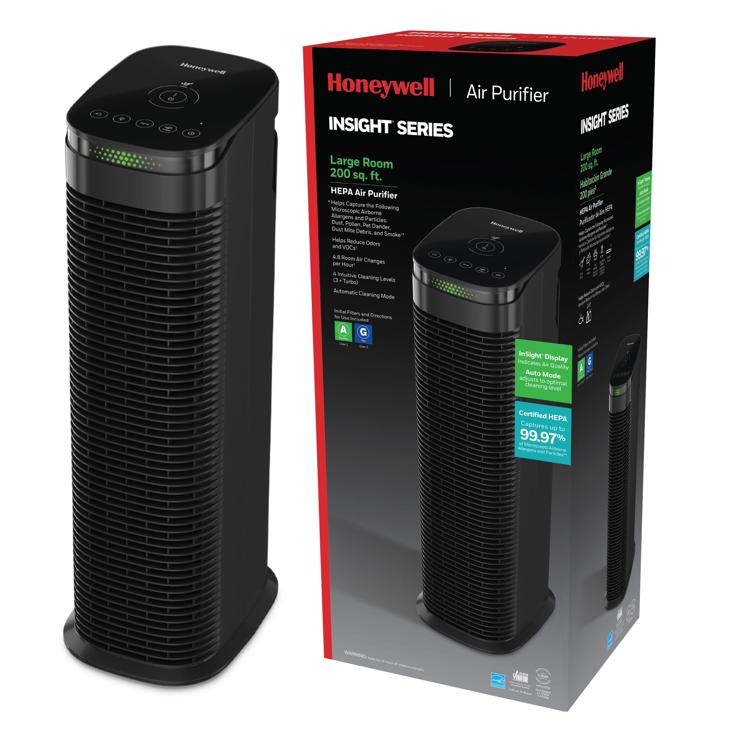 Honeywell Insight Hepa Air Purifier With Air Quality Indicator And Auto Mode, For Large Rooms (200 Sq. Ft), Black   Wildfire/Smo