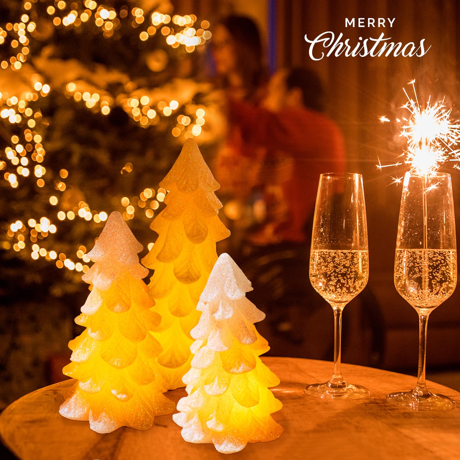 Hn Haiinaa White Glittering Christmas Tree Shaped Flameless Candles With Timer, Real Wax Flickering Battery Operated Led Candles