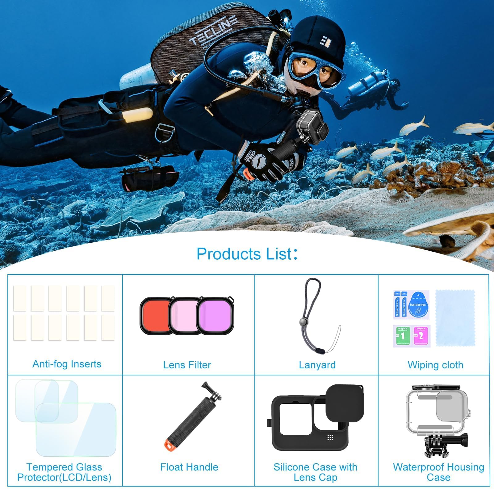 Octinpris Accessories Kit For Gopro Hero 12 11 10 9 Waterproof Housing Case Underwater Float Handle Silicone Sleeve Lens Cap Tem