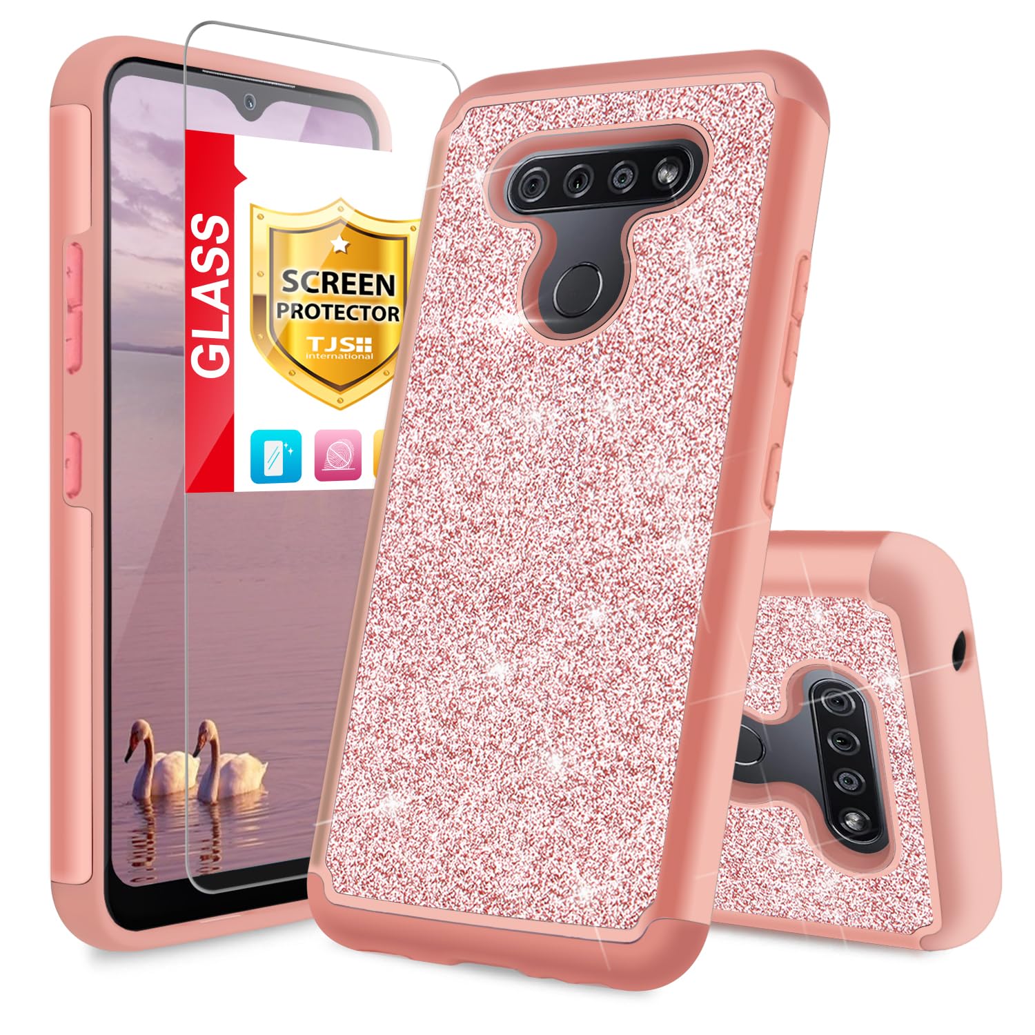 Tjs Phone Case Compatible With Lg K51/Lg Q51/Lg Reflect, With [Tempered Glass Screen Protector] Glitter Bling Cute Girls Women D