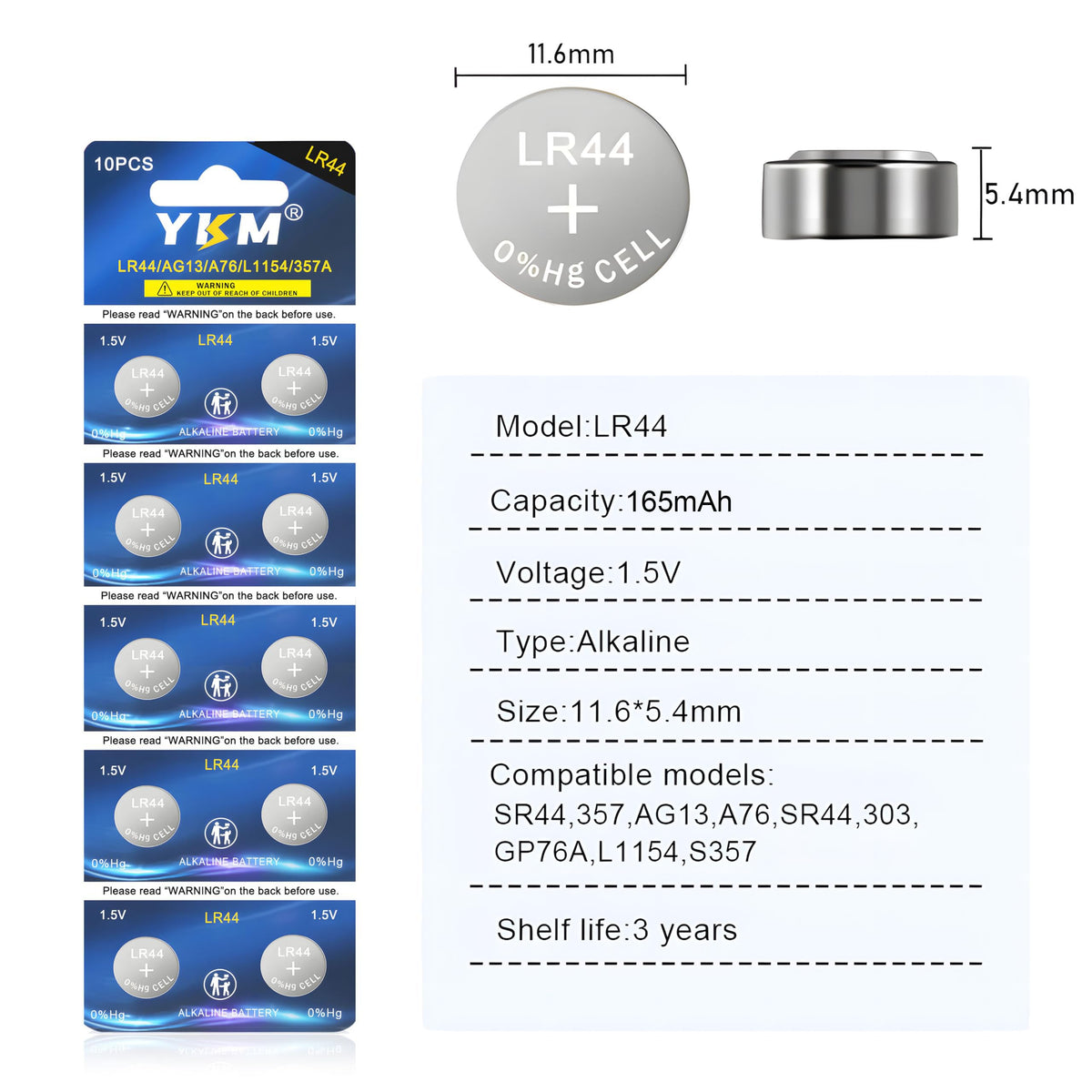 Lr44 Dimensions YKM LR44 Batteries AG13 L1154f A76 357/303 L1154 L1154c LR44h 1.5V ...
