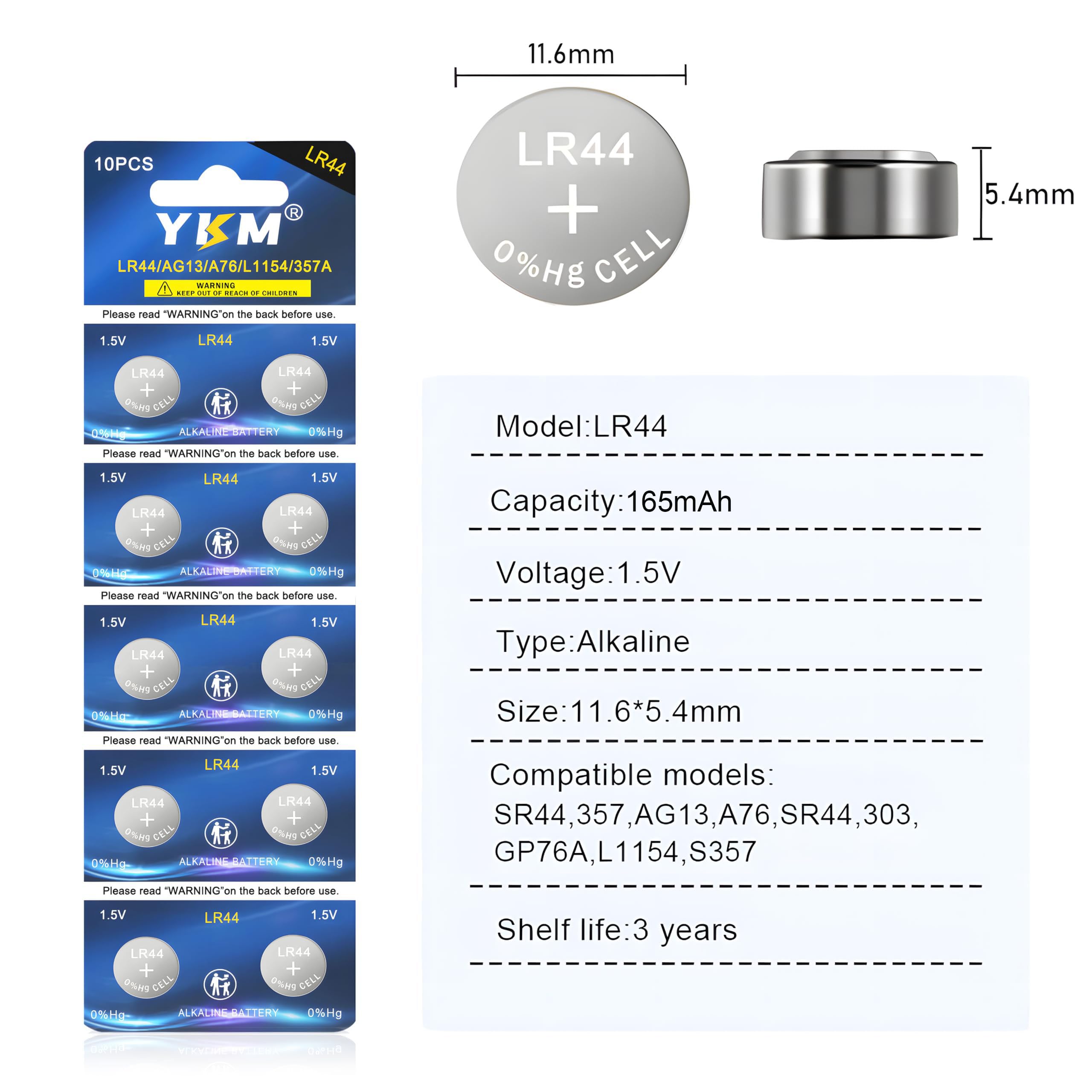 Ykm Lr44 Batteries Ag13 L1154F A76 357/303 L1154 L1154C Lr44H 1.5V Alkaline Batteries For Digital Caliper Watch Battery 10 Pack