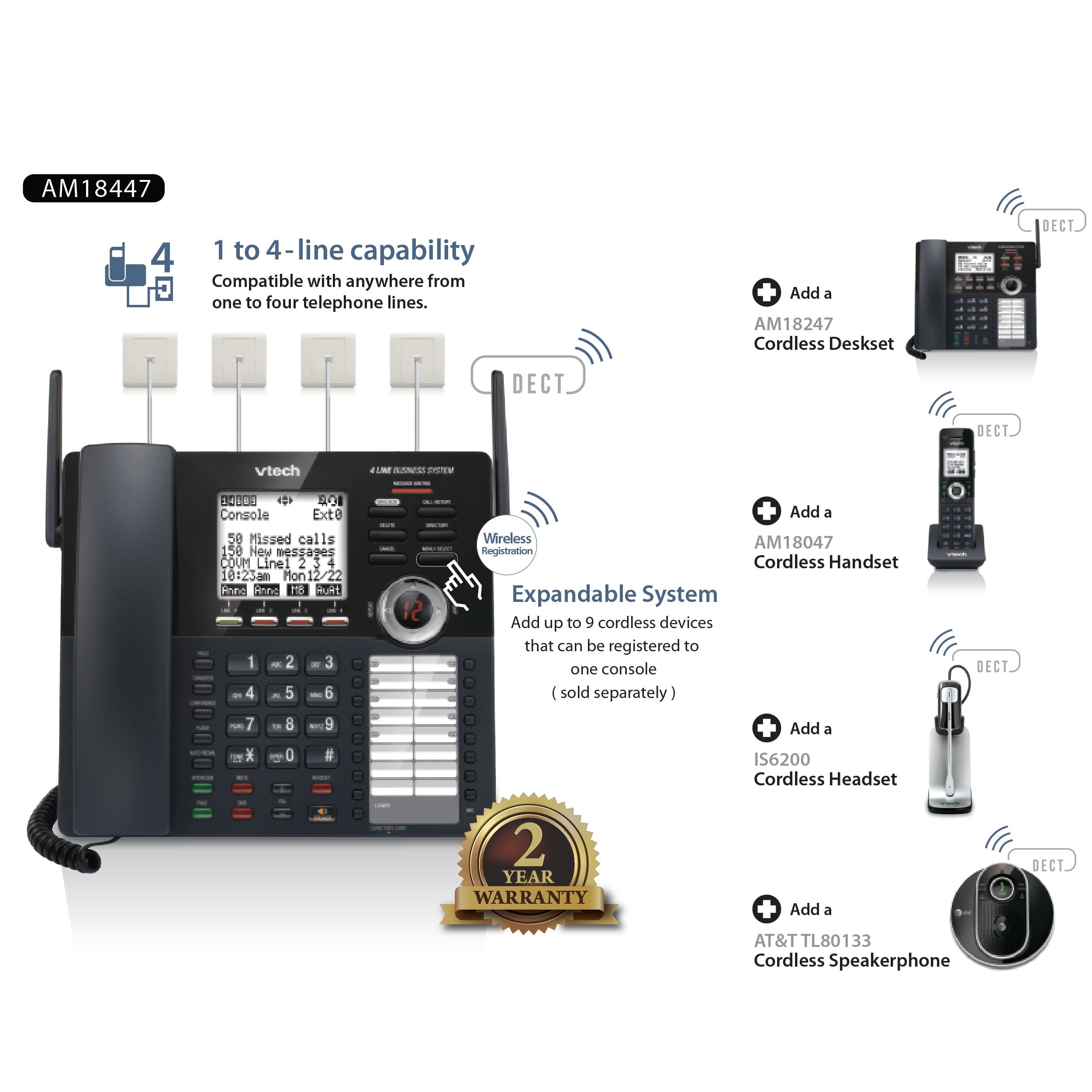 Vtech Accessory Handset For Vtech Am18447 Small Business System, Black