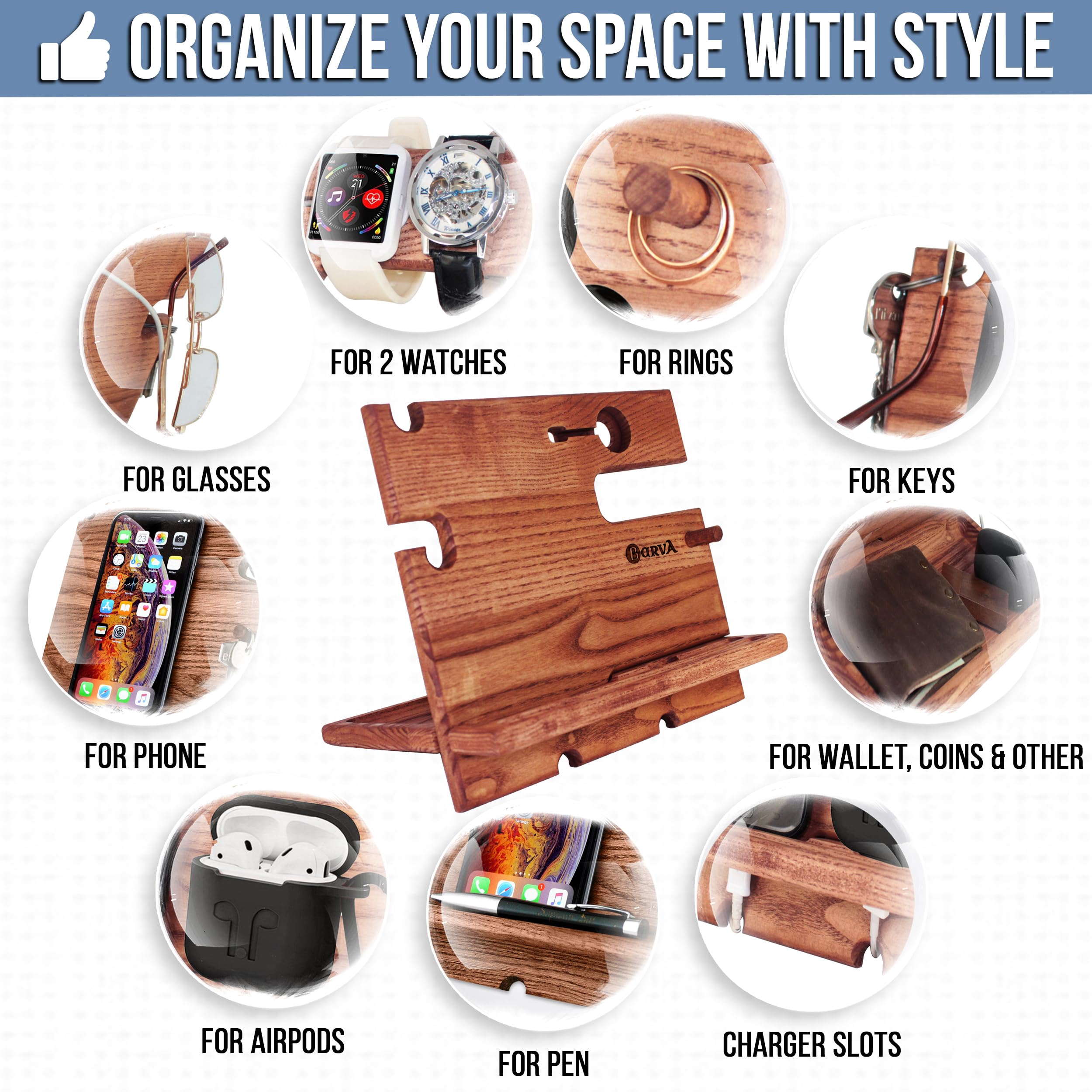 Barva Wood Docking Station Farmhouse Decor Nightstand Organizer Phone Wallet Watch Stand Key Holder Bedside Charging Dock Desk A